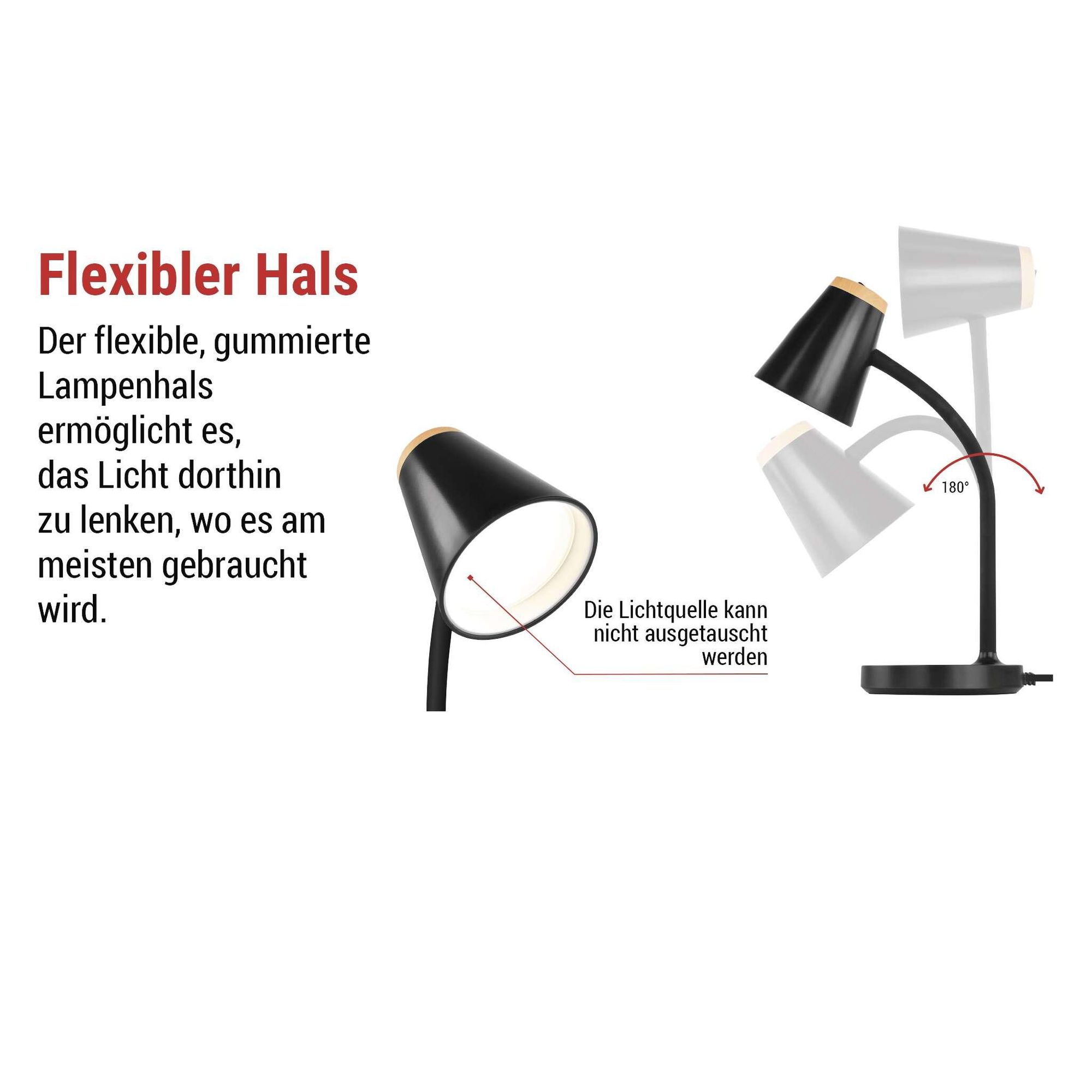 EMOS LED Tischlampe TARA 4,5 W, 280lm, Neutralweiß 4000K, flexibel mit Netzkabel 1,6m, Euro-Stecker, CRI Ra>85, Leuchtdauer 30000 h, Schwarz, Z7641B
