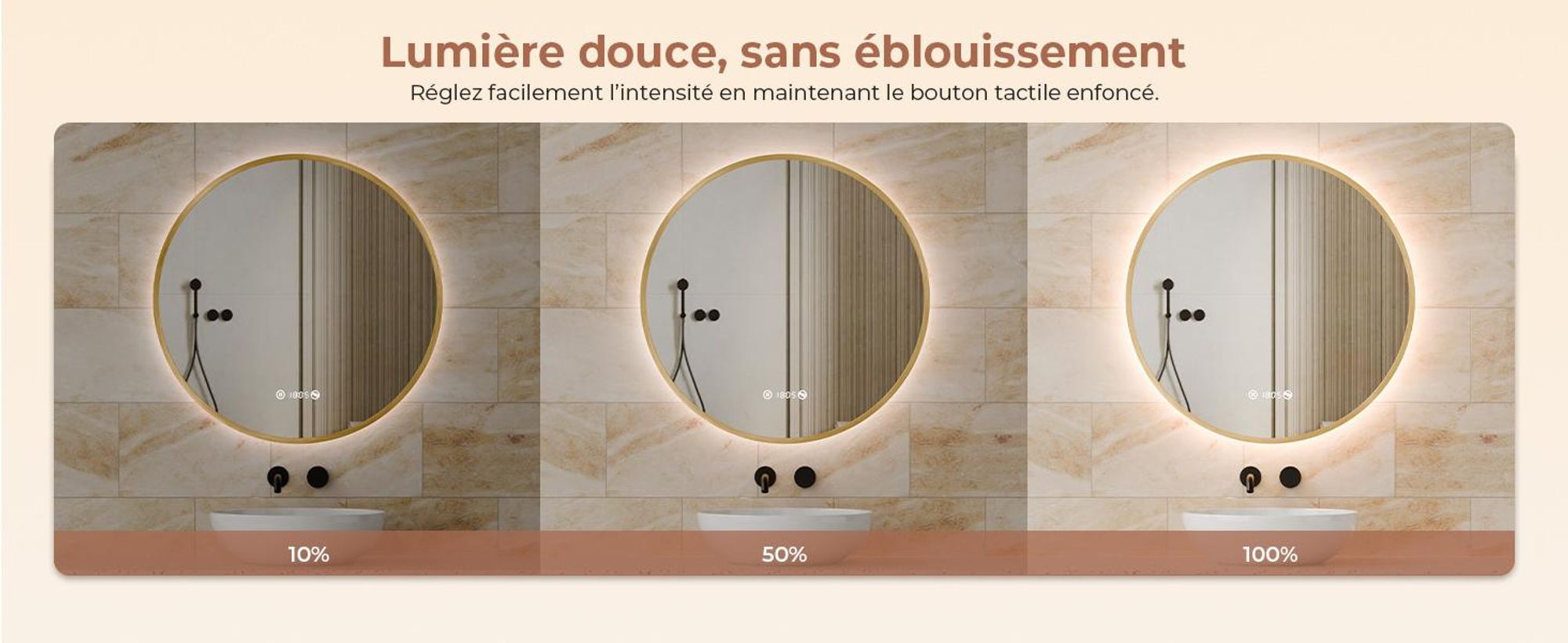 S'AFIELINA miroir salle de bain LED 60 cm rond, tactile, anti-buée, variateur, horloge, température, mémoire, bordure dorée.