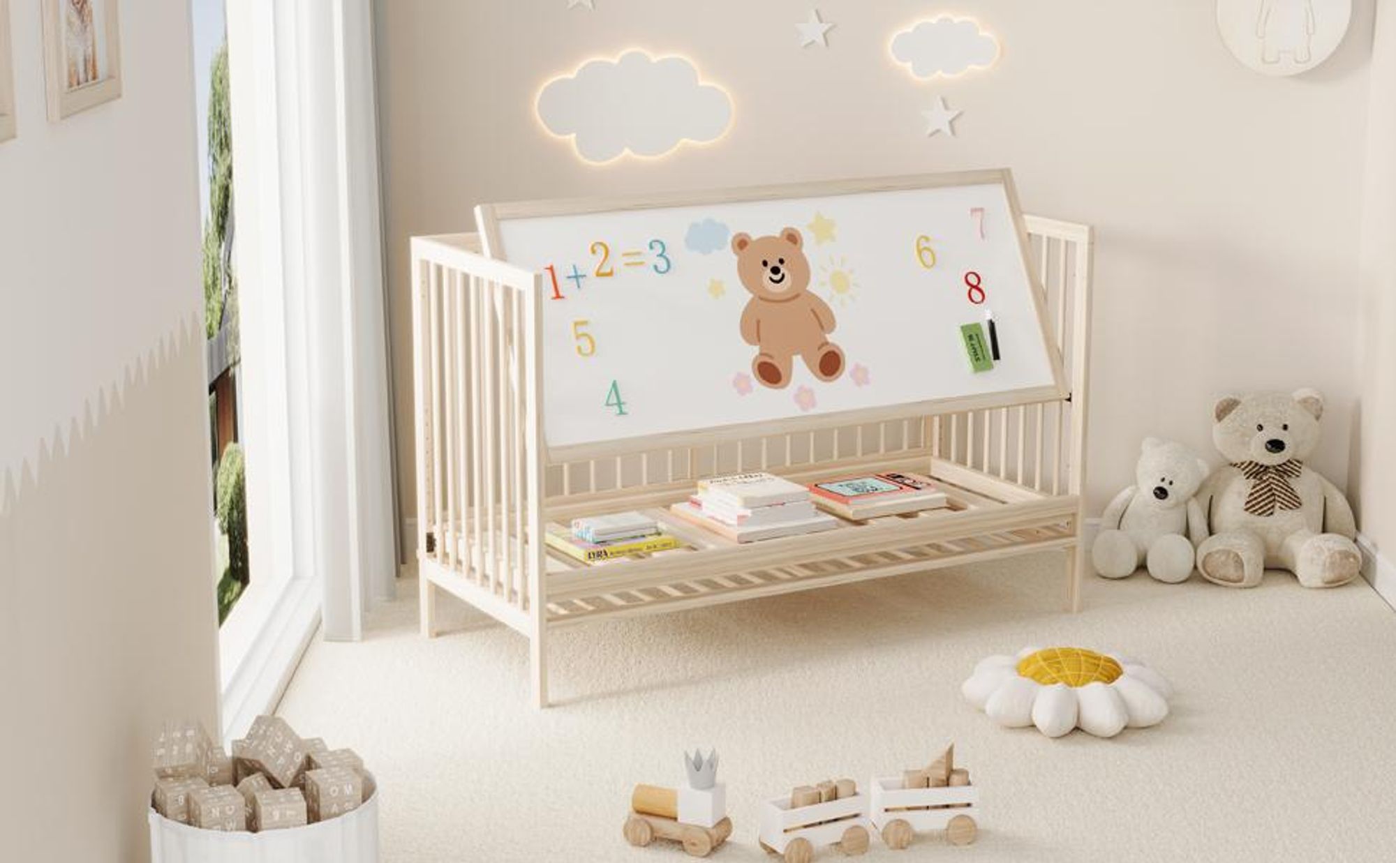 Merax Babybett Kinderbett 60x120cm, Höhenverstellbar Gitterbett, Sicherheitsbarriere, Malerbrettständer, Umwandelbar in Nebenbett, Schreibtisch, Natur