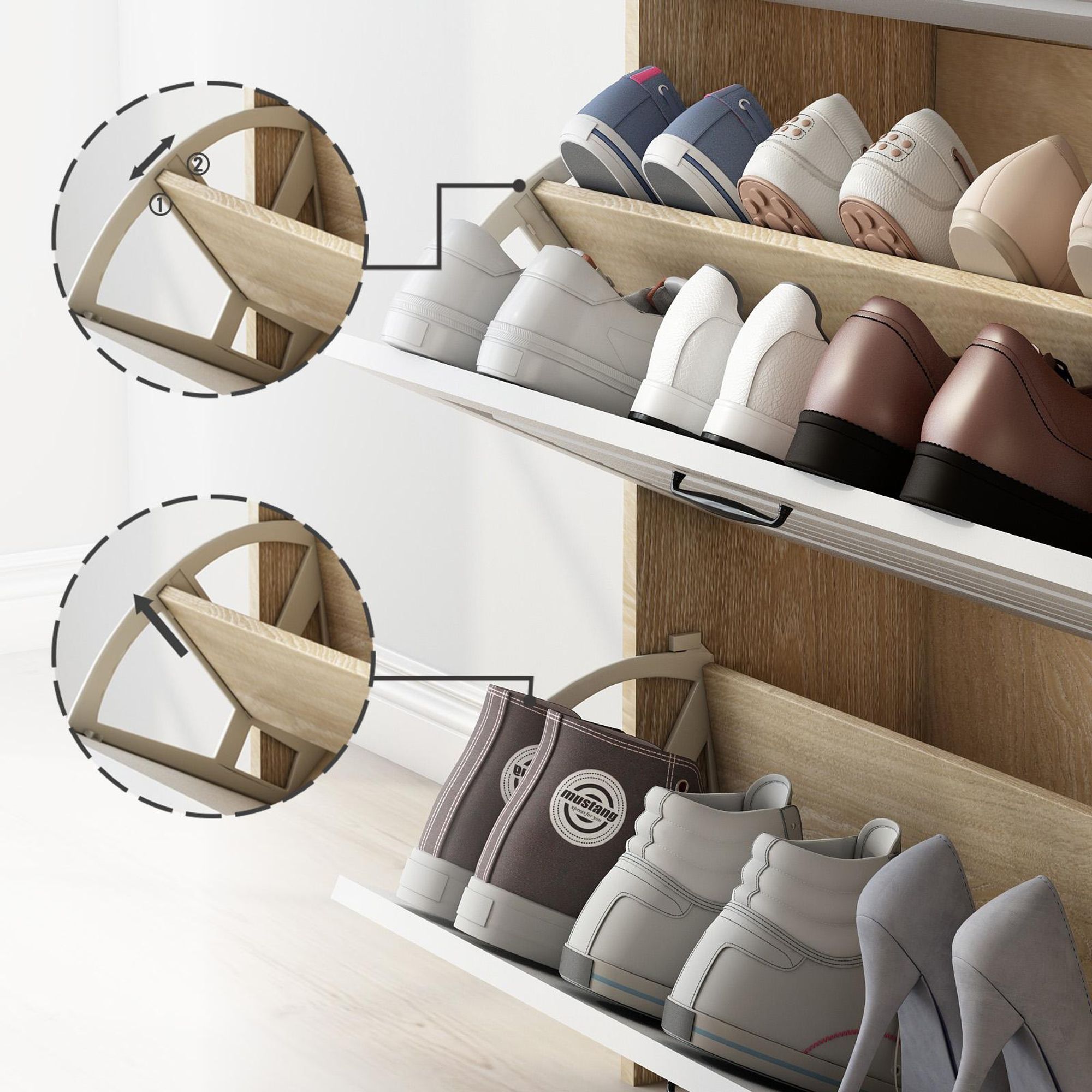 Merax Schuhschrank mit 3 Klappen, 2 Schubladen, Schuhkipper Schuhkommode mit schubladen, Schuhablage, Schuhregal, 80×23.5×131 cm, Weiß+Natur