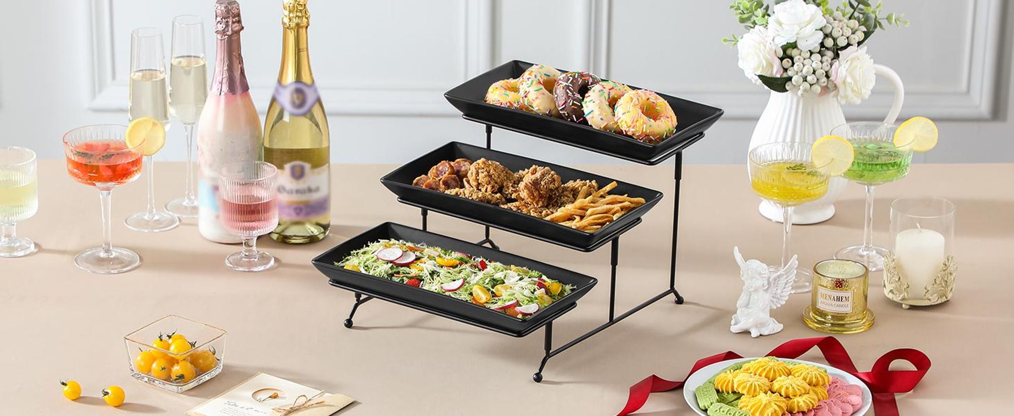 MALACASA 3-Stöckiges Porzellan Etagere Platte, Tortenständer, Cupcake Dessert Ständer, Kuchenständer Servierständer, Eckig, Schwarz