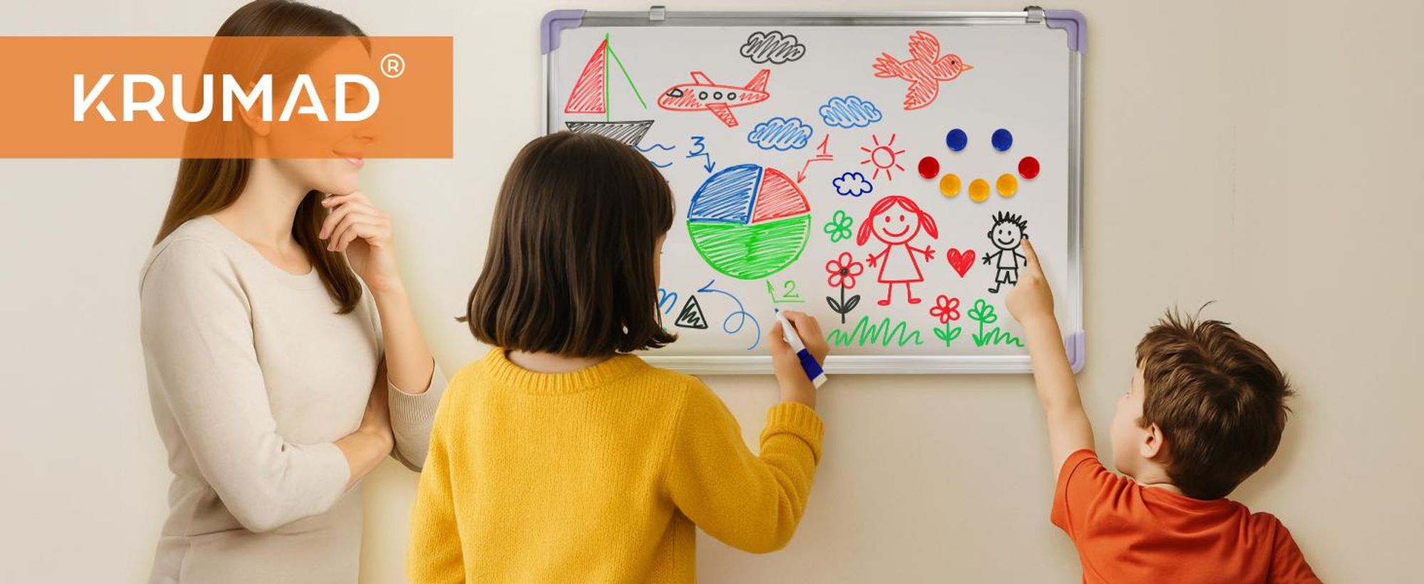 KRUMAD Whiteboard Magnetisch 90x60 cm – Magnettafel mit Zubehör, abwischbare Schreibtafel mit Metallrahmen - inkl. Stifte, Magnete & Radierer