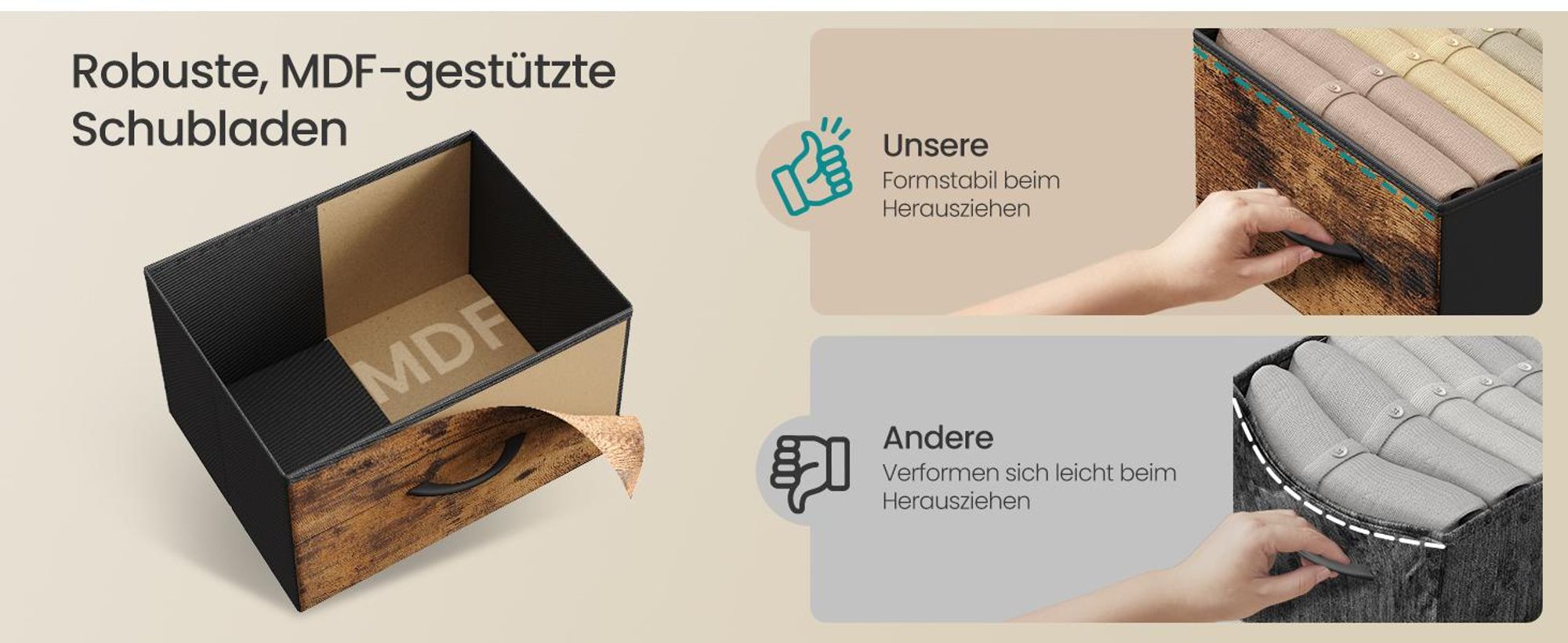 SONGMICS Nachttisch mit LED-Beleuchtung und Ladestation, 2er Set, Nachttisch mit 2 Schubladen und offenem Fach, braun