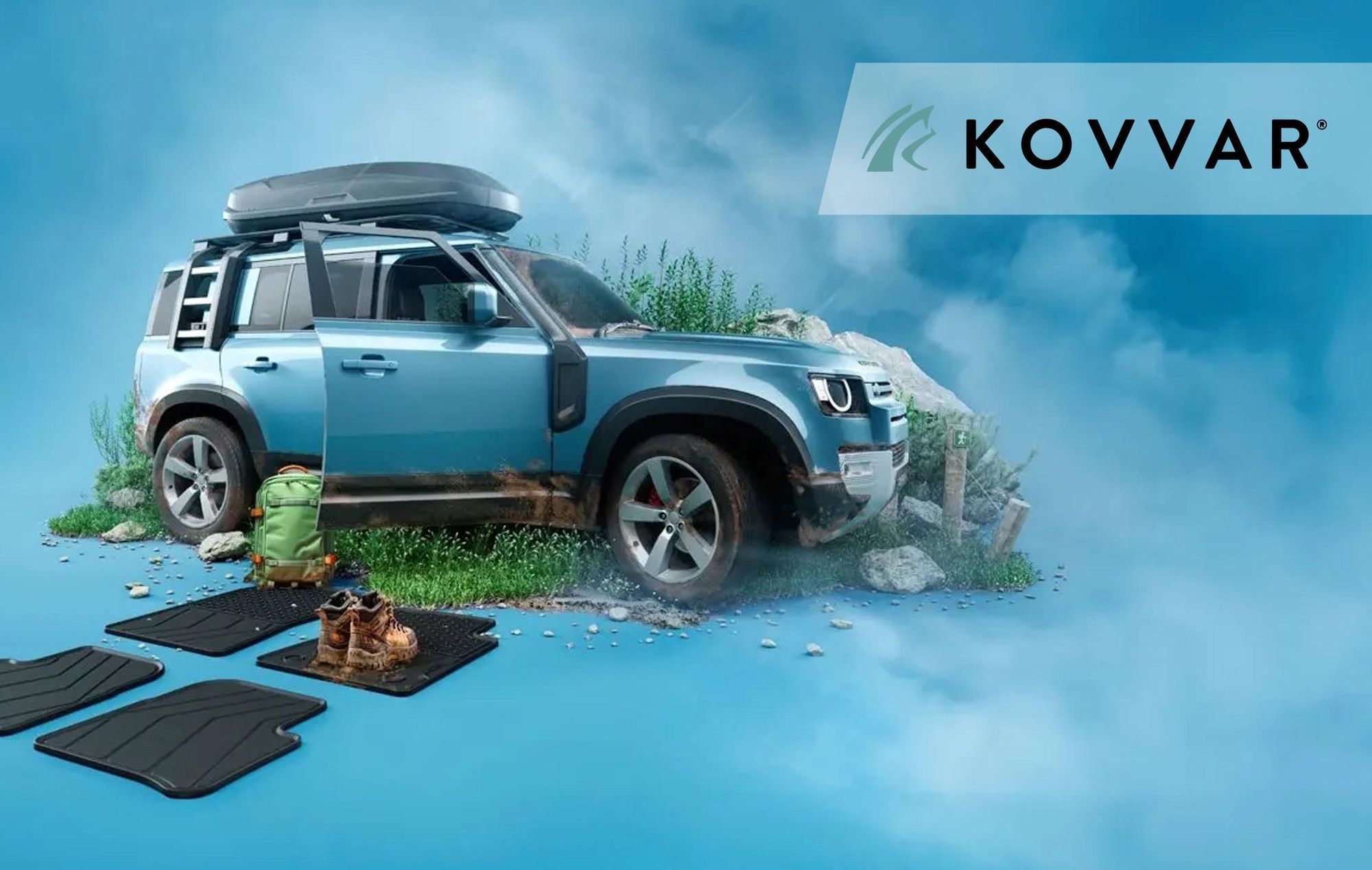 SUV mit schmutzigen Wanderschuhen und KOVVAR-Matten – Schutz bei jedem Wetter