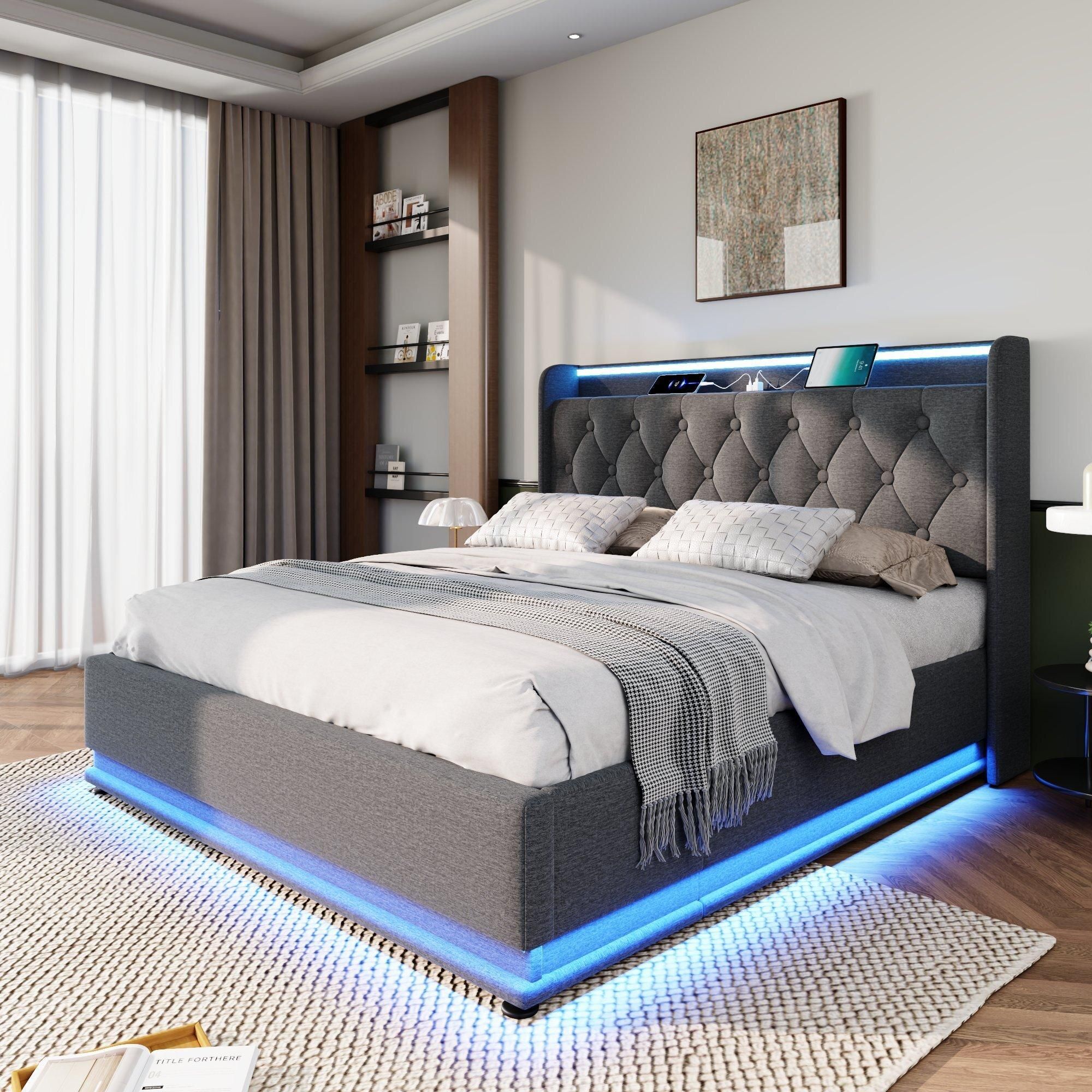 Flieks Polsterbett 140x190cm mit Ladefunktion (USB&Typ-c), Jugendbett Doppelbett Stauraumbett mit LED, Hydraulisches Boxspringbett, Leinen, Grau