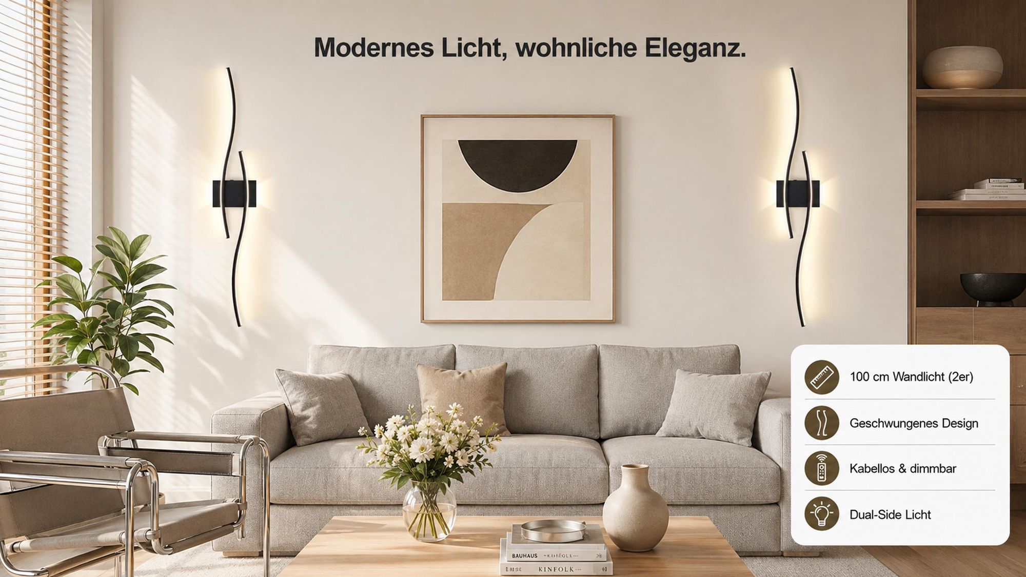Akku Wandleuchte Innen 100cm 1Stk, Kabellos Wandlampe Schwarz mit Fernbedienung & Schalter 10000mAh Dual-Seitenlicht Flur Treppenhaus Schlafzimmer
