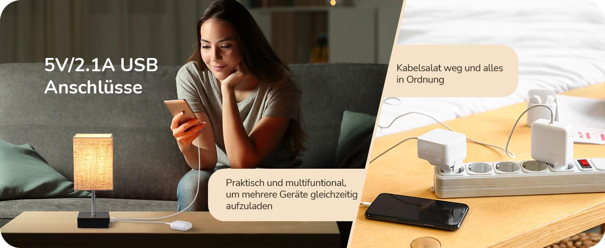 EDISHINE 2 LED Nachttischlampe Touch Dimmbar, mit Ladefunktion & Glühbirne,Tischlampe Schwarz