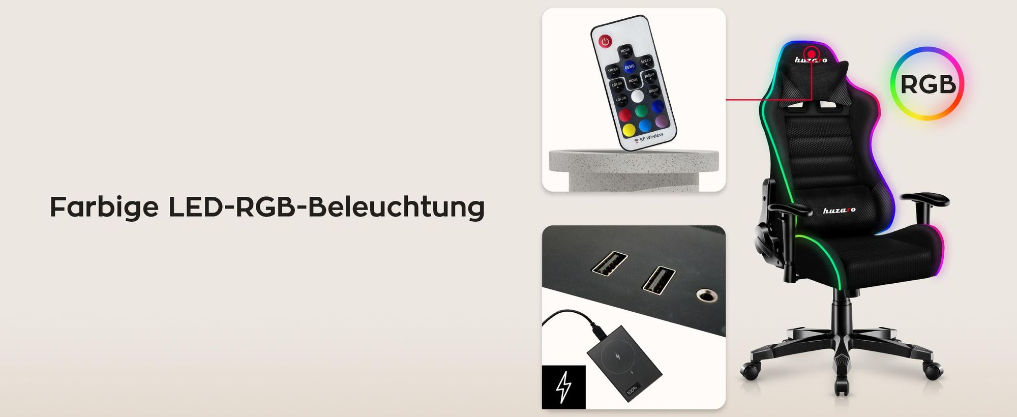 Huzaro Kinder Schreibtischstuhl Ranger 6.0 Gaming Stuhl Racing Sessel Bürostuhl Drehstuhl Gamer bis 130 kg RGB Led Schwarz