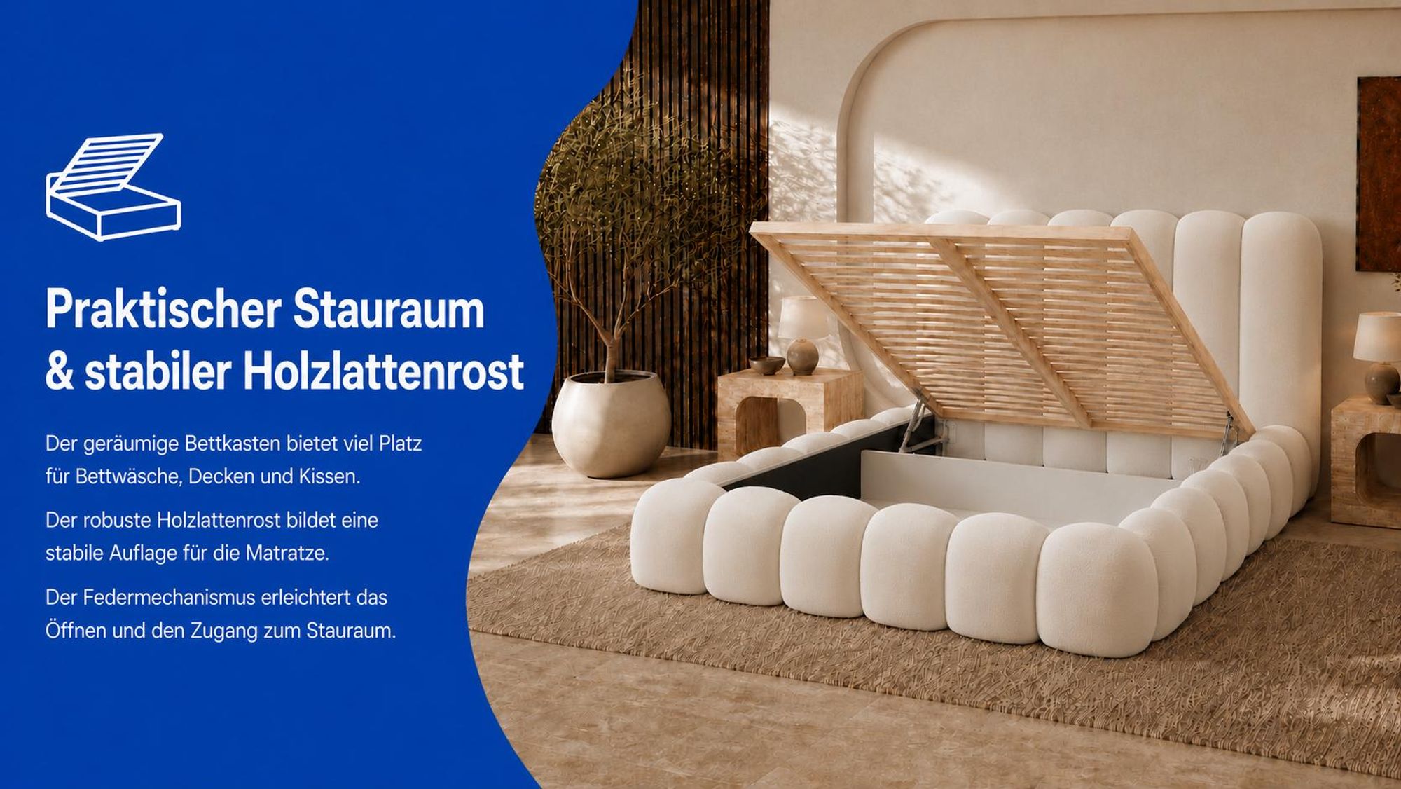 Polsterbett MELLOW mit geöffnetem Bettkasten, Federmechanismus und Holzlattenrost