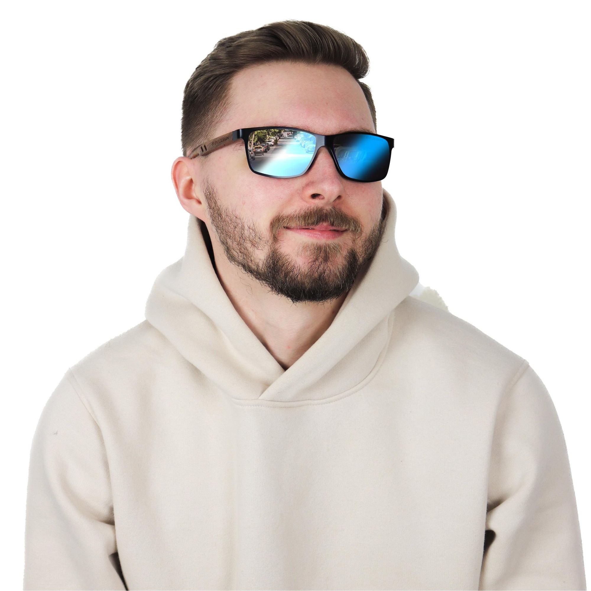 Sonnenbrille Herren Polarisiert UV400, Blaue Gläser Holz Sonnenbrille Nerd-Stil, Walnussholz-Bügel inkl. Etui & XXL-Zubehör, EVI DESIGN Blau