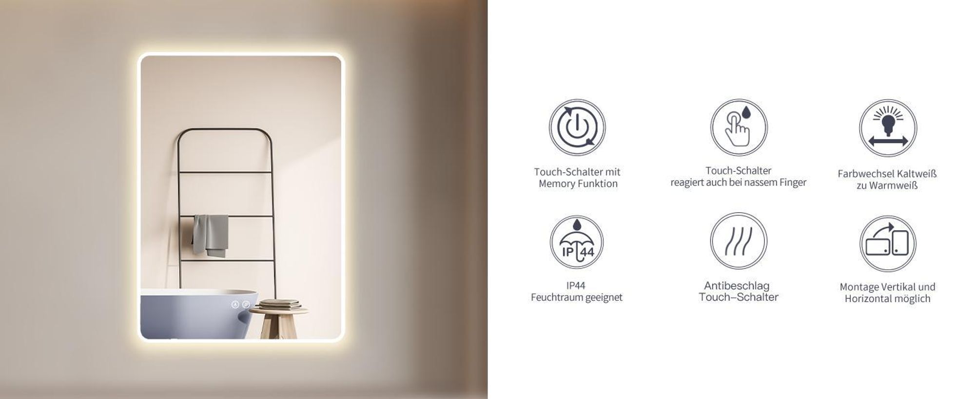 HOKO Badspiegel Antibeschlag LED 60x80cm mit Rahmen HOCH+QUER Montage Touch Schalter+Licht Wechsel Warmweiß-Kaltweiß-Neutral Wandschalter einschaltbar