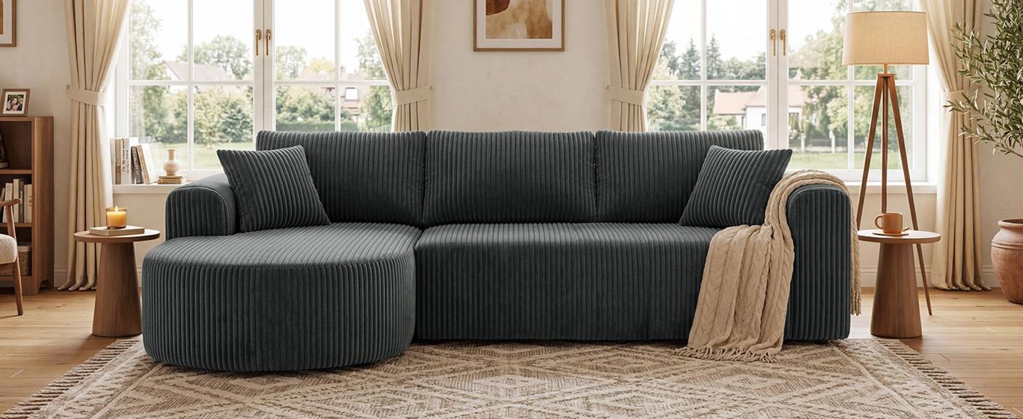 Sofa Ecksofa mit Schlaffunktion, Corduroy Modulares Boneless Couch mit Chaiselongue, L-Form Schlafsofa, Sektionssofas mit Kissen & Seitentaschen 243cm