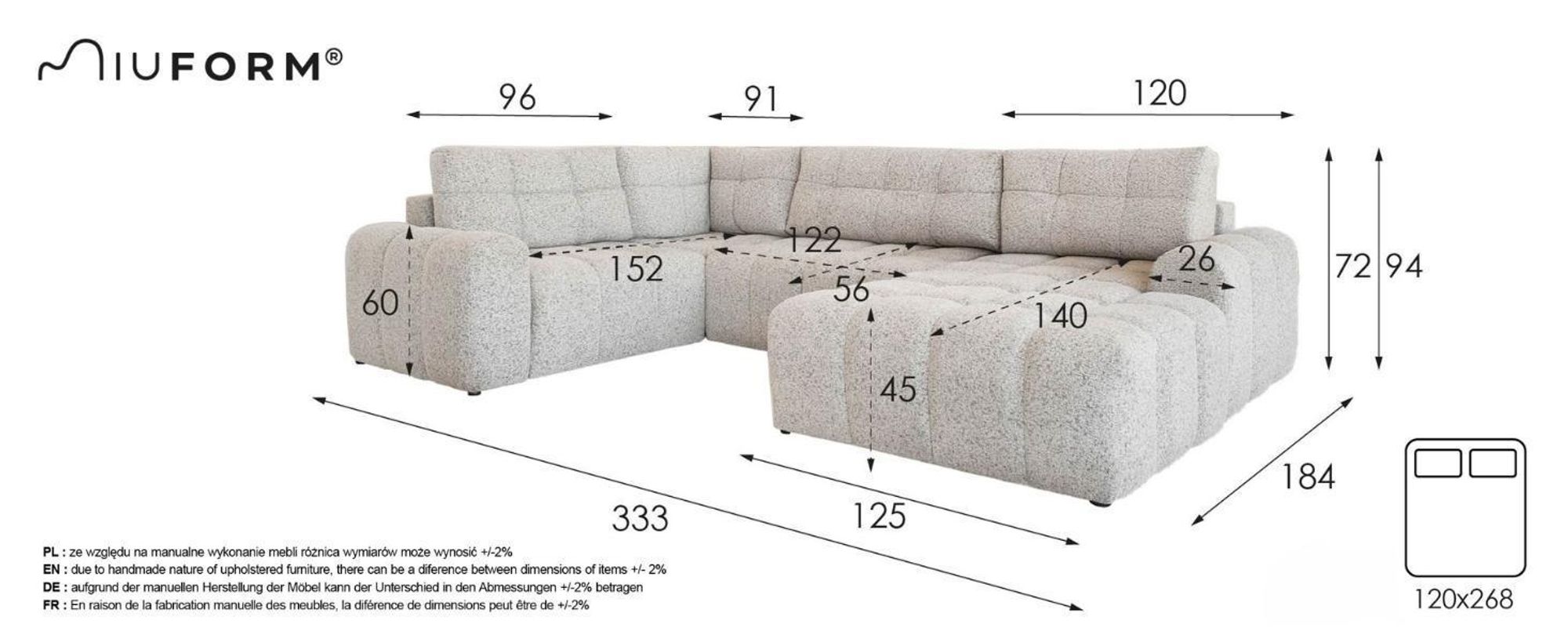 MIUFORM Lulu Ecksofa mit Bettfunktion und Bettkasten U-FORM RECHTS – 333 x 213 cm - Salz und Pfeffer- Sofa Schlafsofa Couch Modulsofa