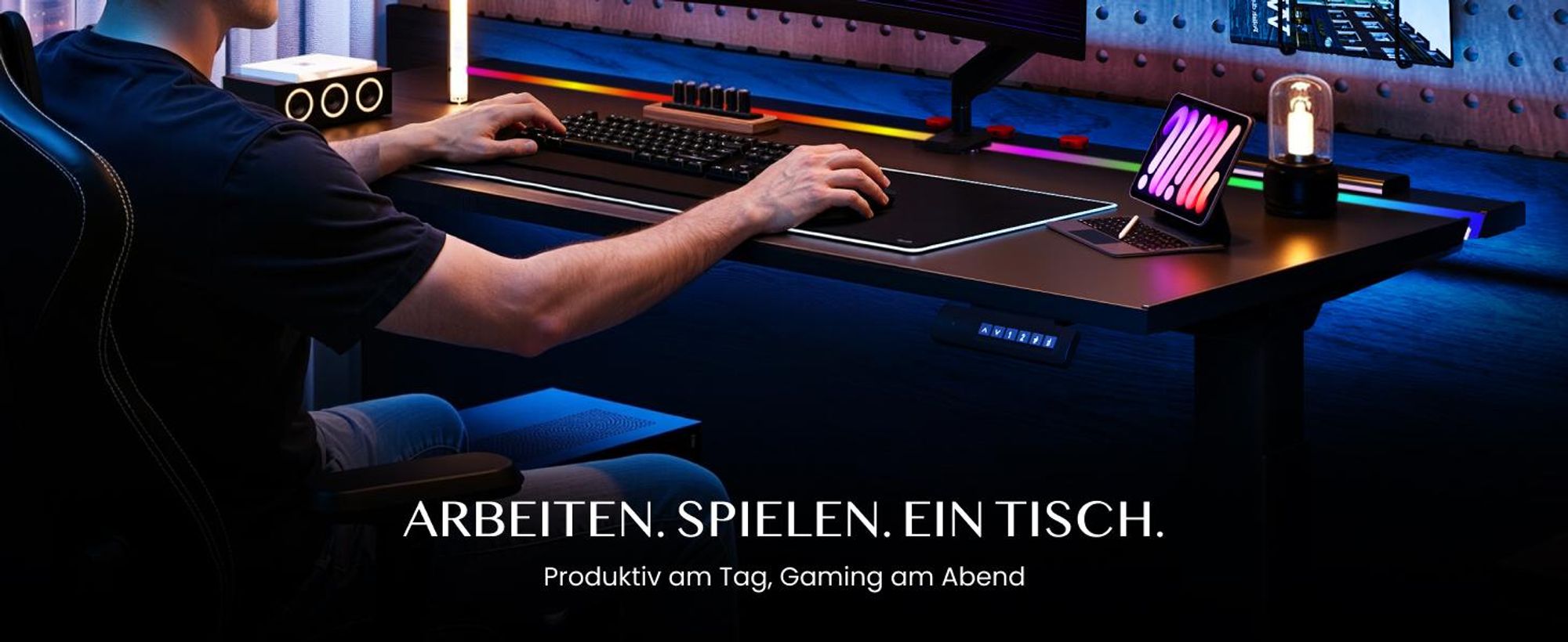 FLEXISPOT Gaming Schreibtisch Höhenverstellbar 120x70 cm, Dual-Motor, LED Beleuchtung, Kabelmanagement, 120KG Tragkraft, 5-Schicht Oberfläche, Schwarz
