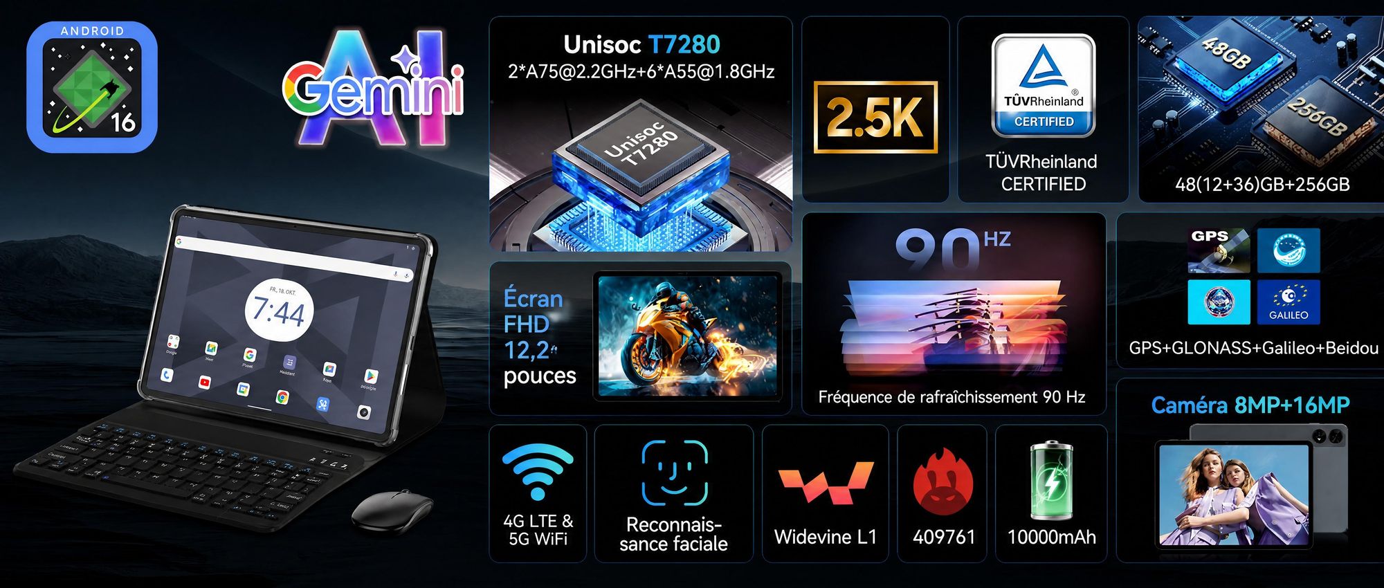 Tablette Android 16 T60, écran de 12,2 pouces avec résolution 2,5K, 48 Go de RAM + 256 Go de stockage interne (extensible jusqu'à 2 To via carte TF), processeur Octa-Core, batterie de 10 000 mAh et intelligence artificielle Gemini