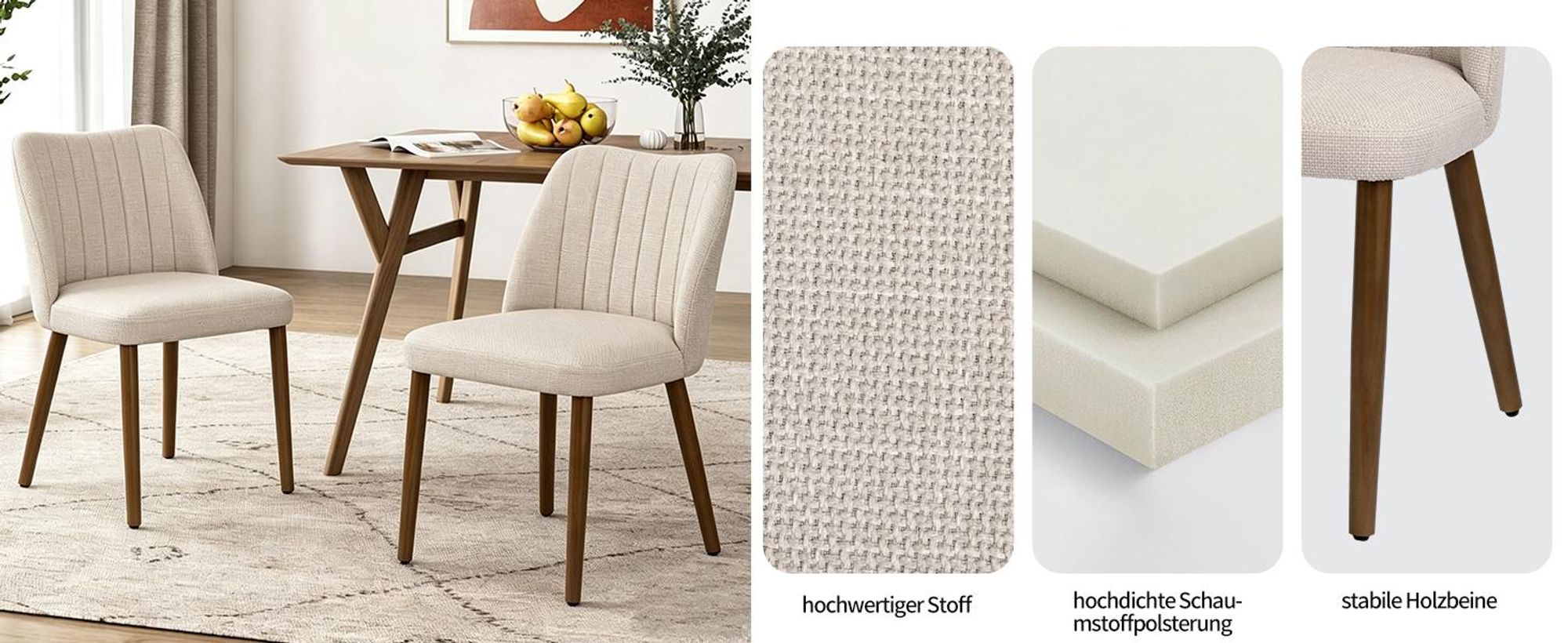 Duhome Esszimmerstuhl 2er Set Leinenstuhl Gepolstert mit Holzbeinen Modern Küchenstuhl für Esszimmer Wohnzimmer Küche, Beige