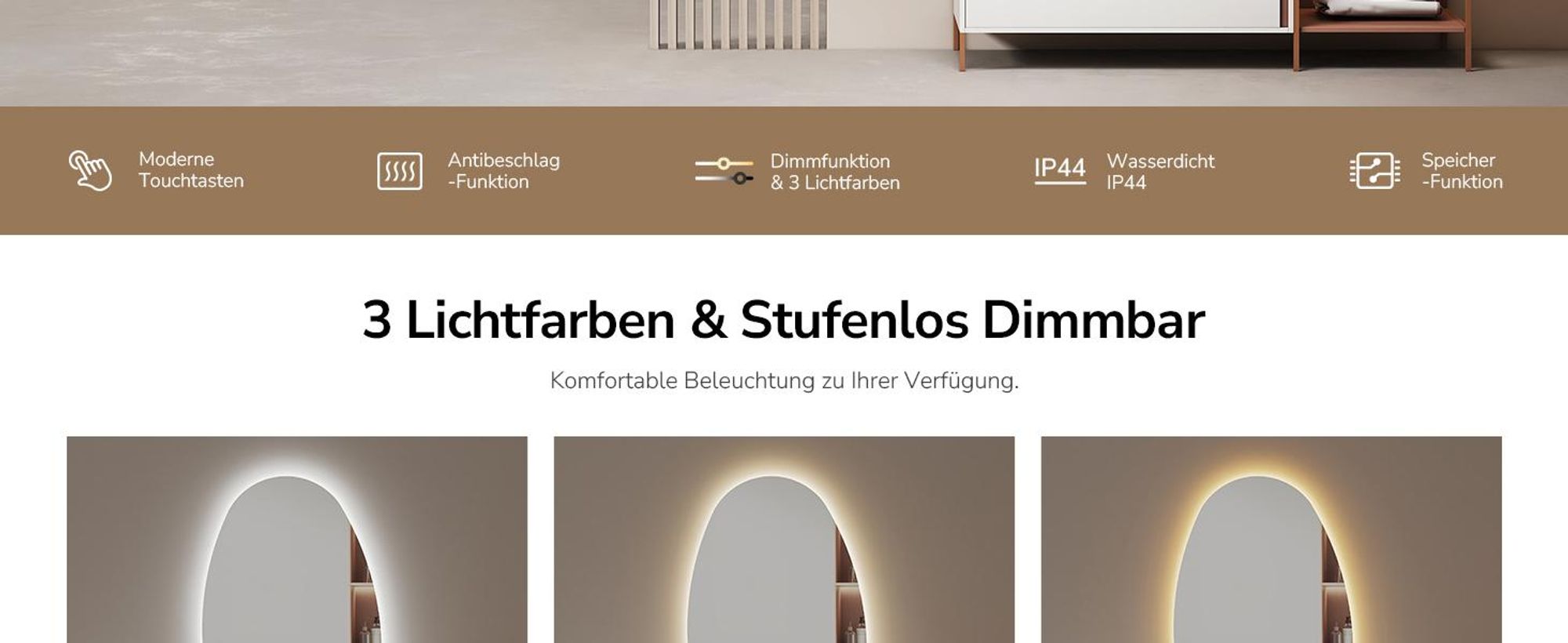 EMKE LED-Badspiegel mit Touchschalter, Rahmenloser Spiegel mit Beleuchtung, Asymmetrisch, Anti-Beschlag, 3 dimmbare Lichtfarben, 65 x 45 cm