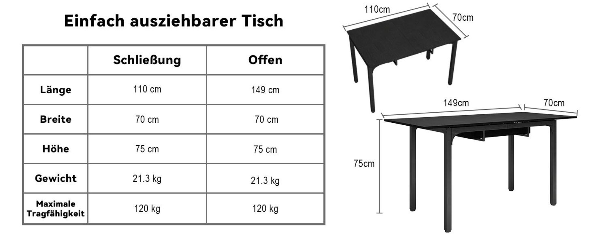 Puluomis Ausziehbarer Esstisch 110-149 cm verstellbar, mit Stauraum MDF Platte, inklusive verstellbaren Füßen für 4-8 Personen schwarz