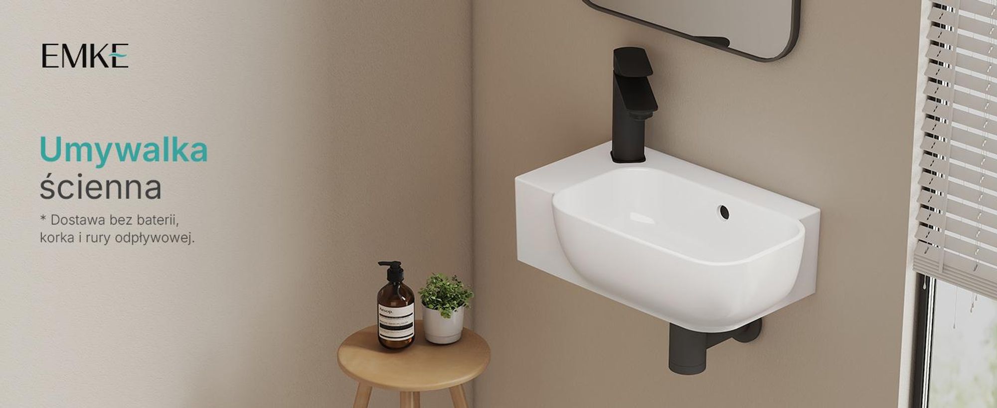 EMKE Umywalka ścienna ceramiczna prostokątna 400x250mm biały połysk Zaokrąglona umywalka ścienna z otworem na baterię i przelewem do WC dla gości i małej łazienki