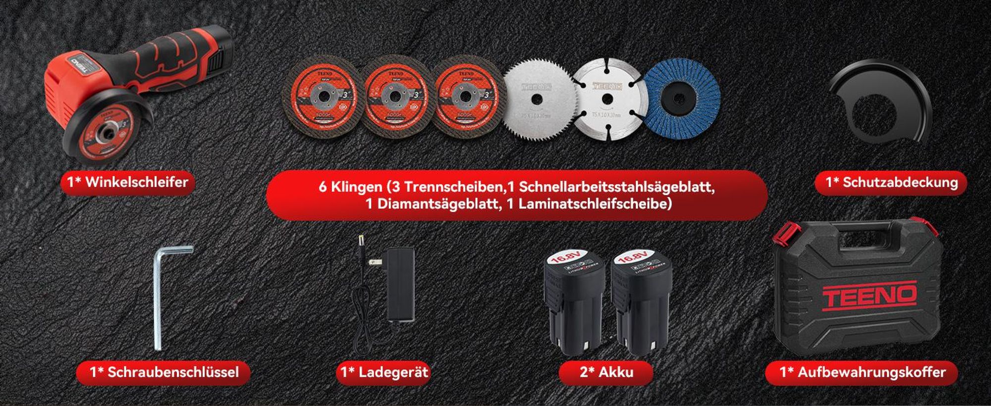 Winkelschleifer TEENO 19.500 U/min – kabellose Schleifmaschine, 76 mm, Komplettset mit 2 Akkus 2000 mAh und 6 Scheiben – zum Schleifen, Polieren