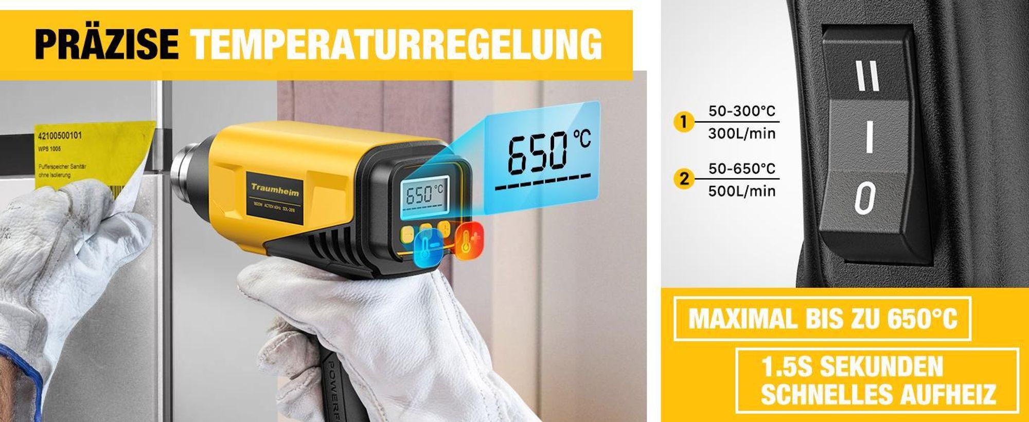 Heißluftpistole, LCD-Digitalanzeige, 50-650℃ temperaturregelbar, Luftstrom einstellbar, Überlastschutz, für Basteln, Schrumpfen, Lackentfernung