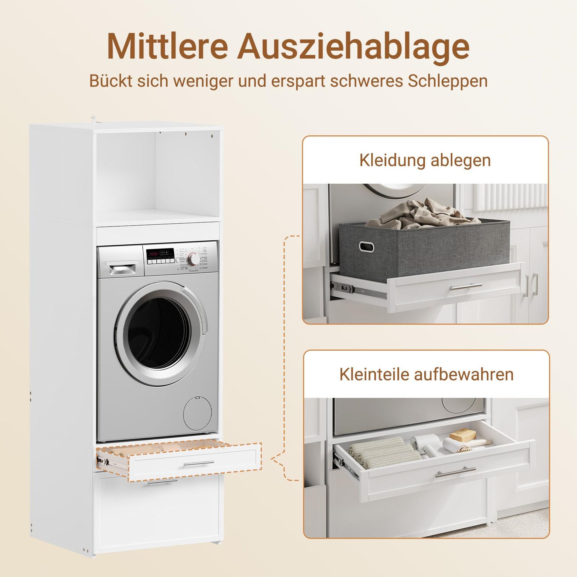 SoBuy Waschmaschinen-Unterschrank mit Schubladen und Auszugsbrett, Wäschekommode, Weiß Hoher schmaler Schrank mit BZR230-W