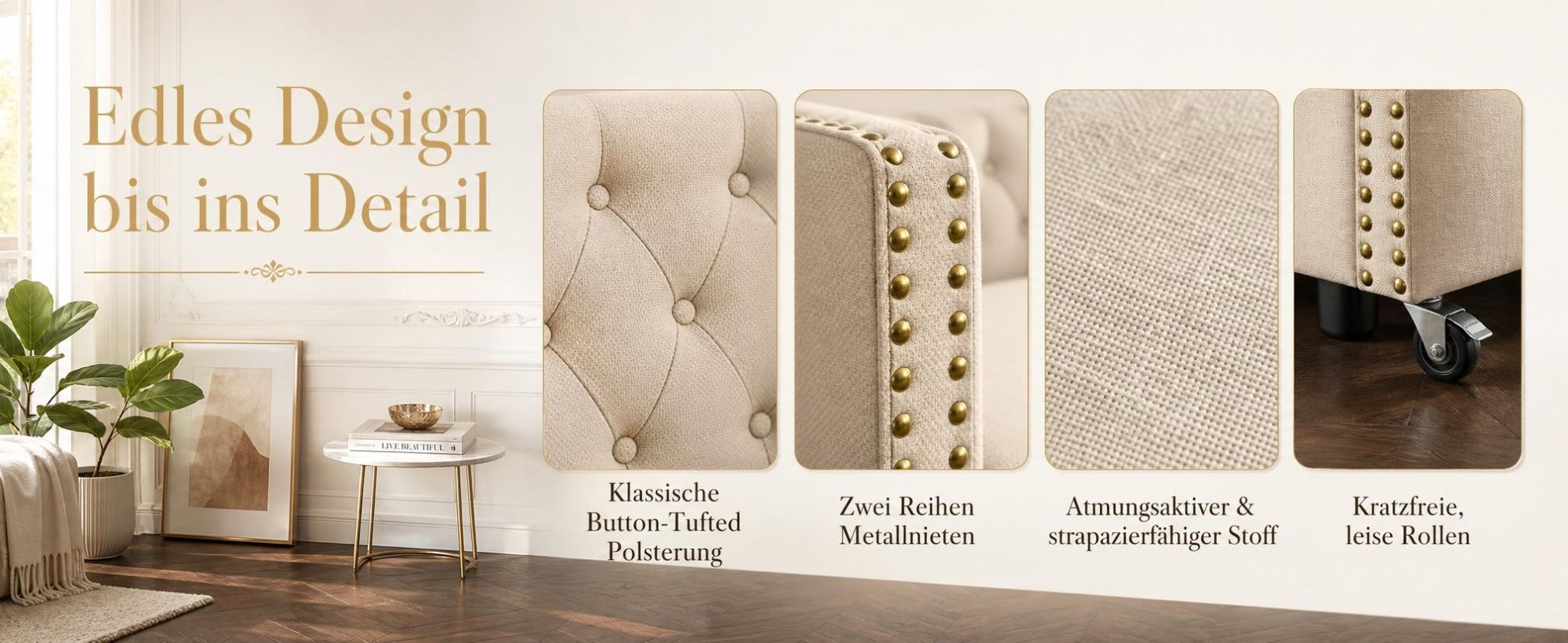 INONEFT Tagesbett Ausziehbar 90x200 cm, Schlafcouch Polsterbett Ausziehbar mit Gästebett, Schlafsofa mit Ausziehbett, Leinen, ohne Matratze,Beige