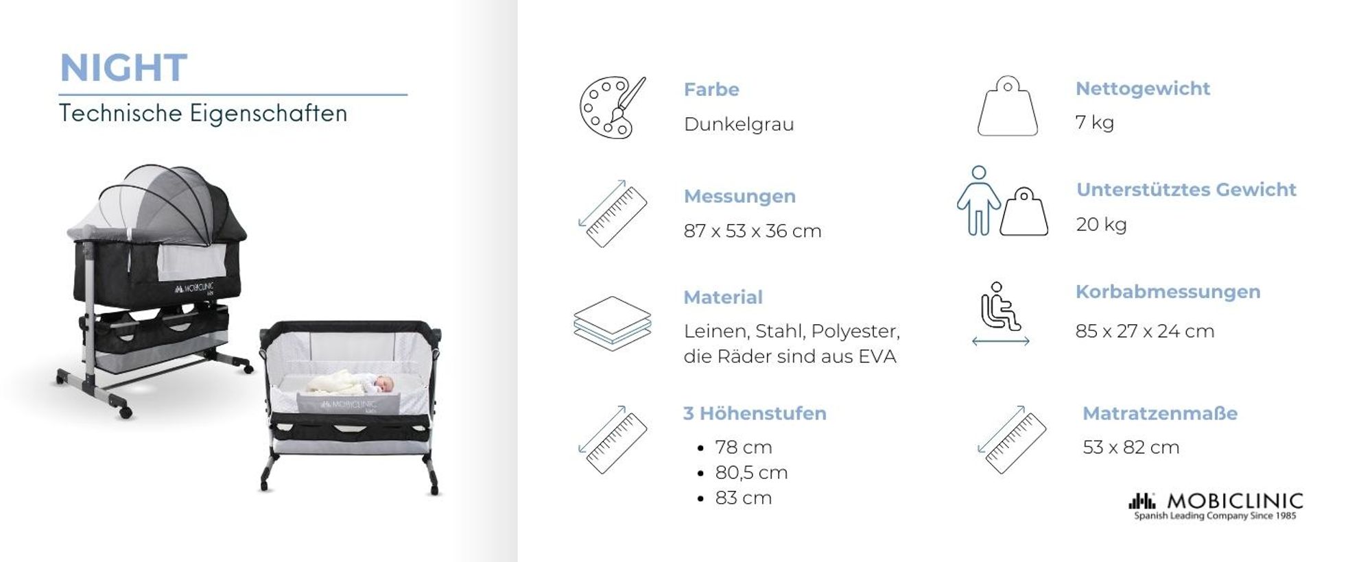 Babywiege 3 in 1, Babybett, Mobiclinic Wiege, Verstellbares Beistellbett, 87 x 58-66 x 81-76 cm, mit Rollen und Matratze, Höhenverstellbar in 3  Night