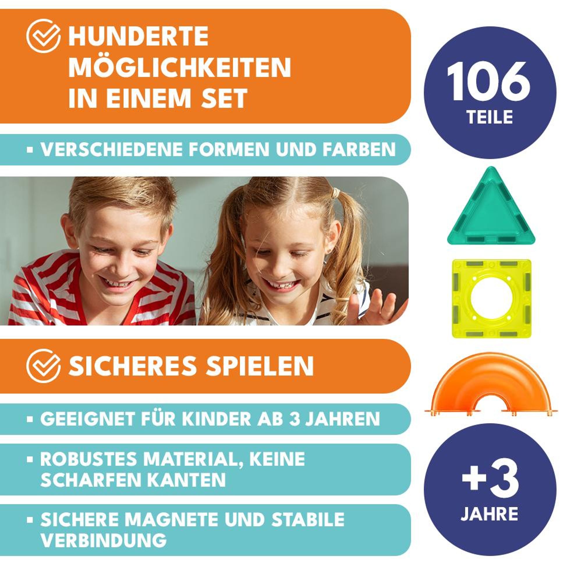 KRUMAD Magnetische Bausteine 106 Stück – Lernspielzeug ab 3 Jahren mit leuchtenden Kugeln & Röhren – Magnetspielzeug für Kinder, Jungen & Mädchen