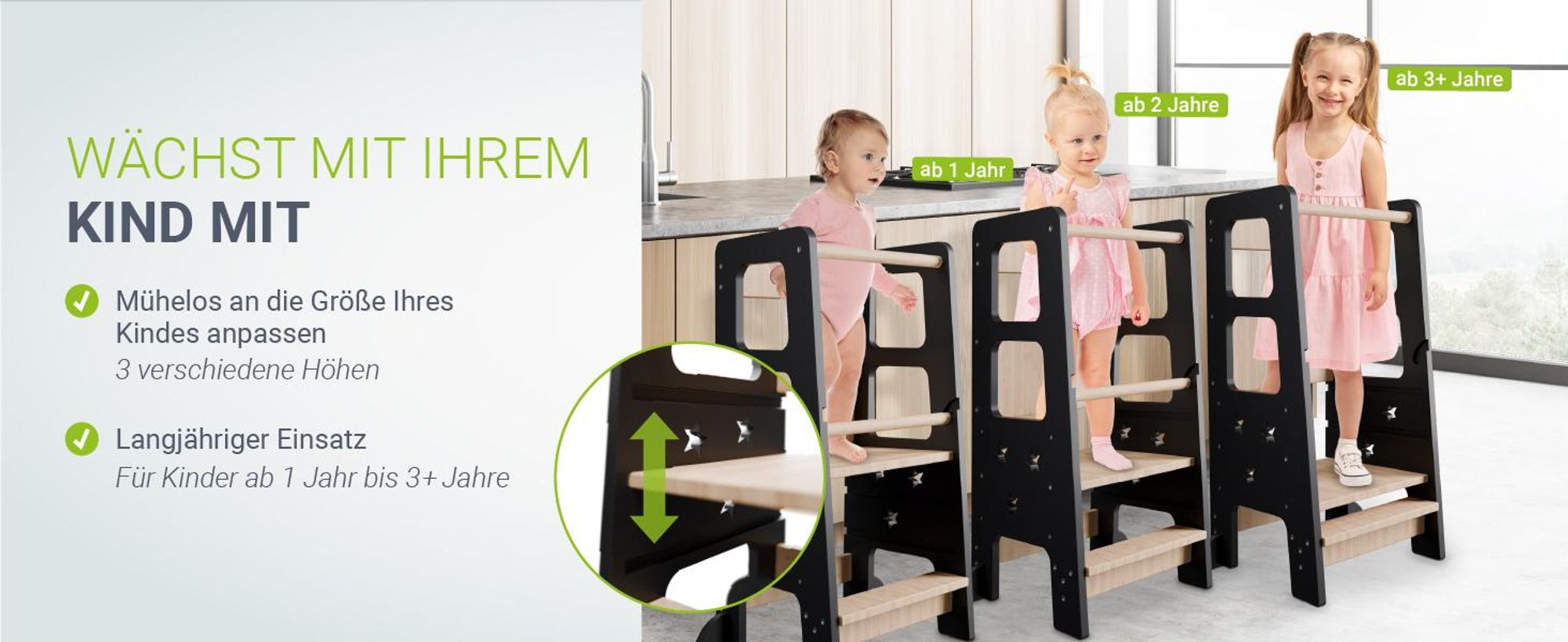 Juskys Lernturm Henny - für Kinder ab 1 Jahr, Stehhilfe - Schwarz