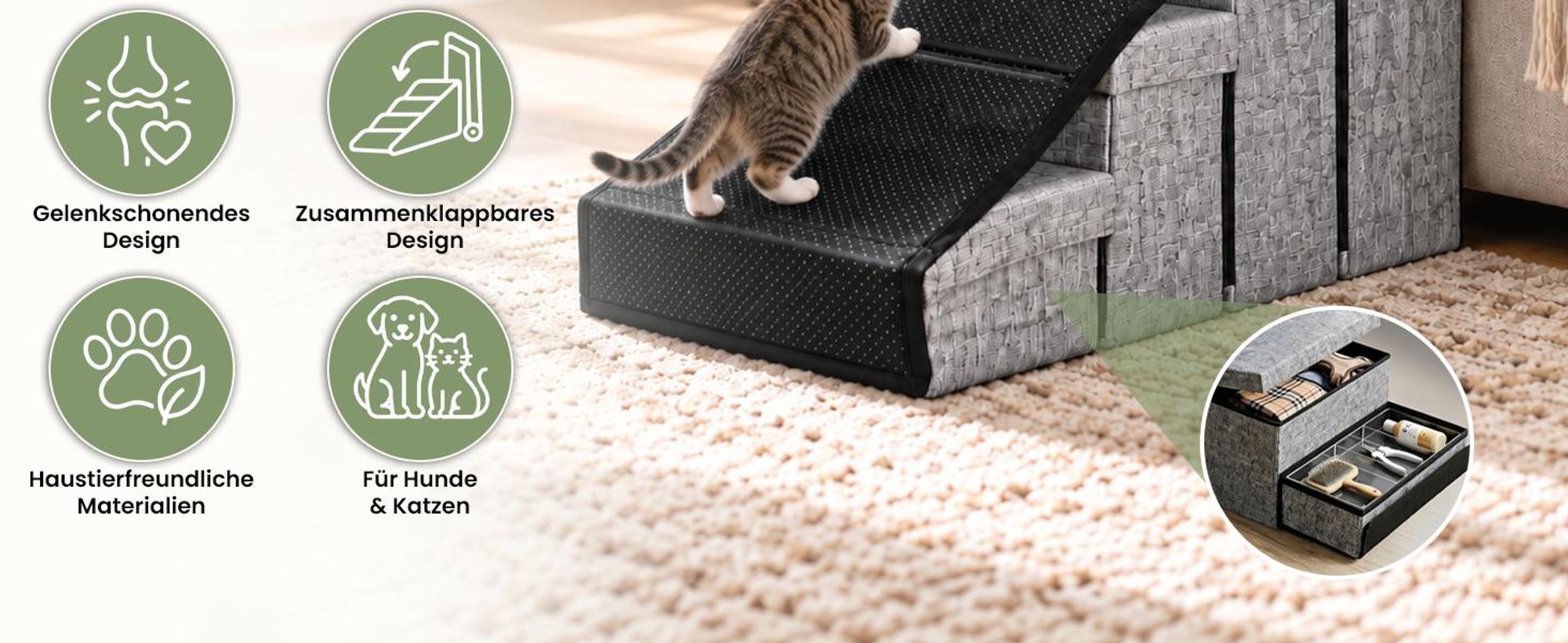 Snuffilo 3-in-1 Hundetreppe, klappbar mit Stauraum & Rampenfunktion – 4 Stufen Hundetreppe für Kleine Hunde & Katzen | Gelenkschonende Hunde Treppen Bett & Sofa - Bis 45+ kg | Grau