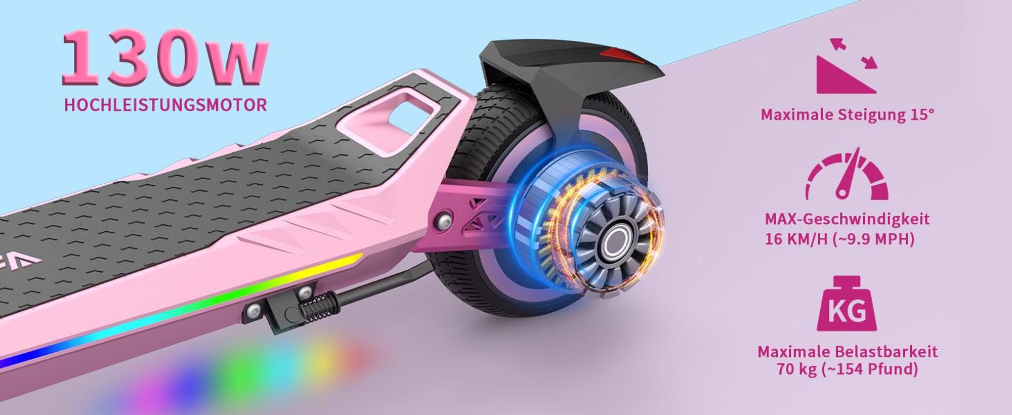 Elektroroller Kinder 6-12 Jahren, Elektroscooter 130W, Klappbar, LED, Kinder E Roller, Doppelstoßdämpfung, Max.16 km/h, Reichweite 10Km, Rosa