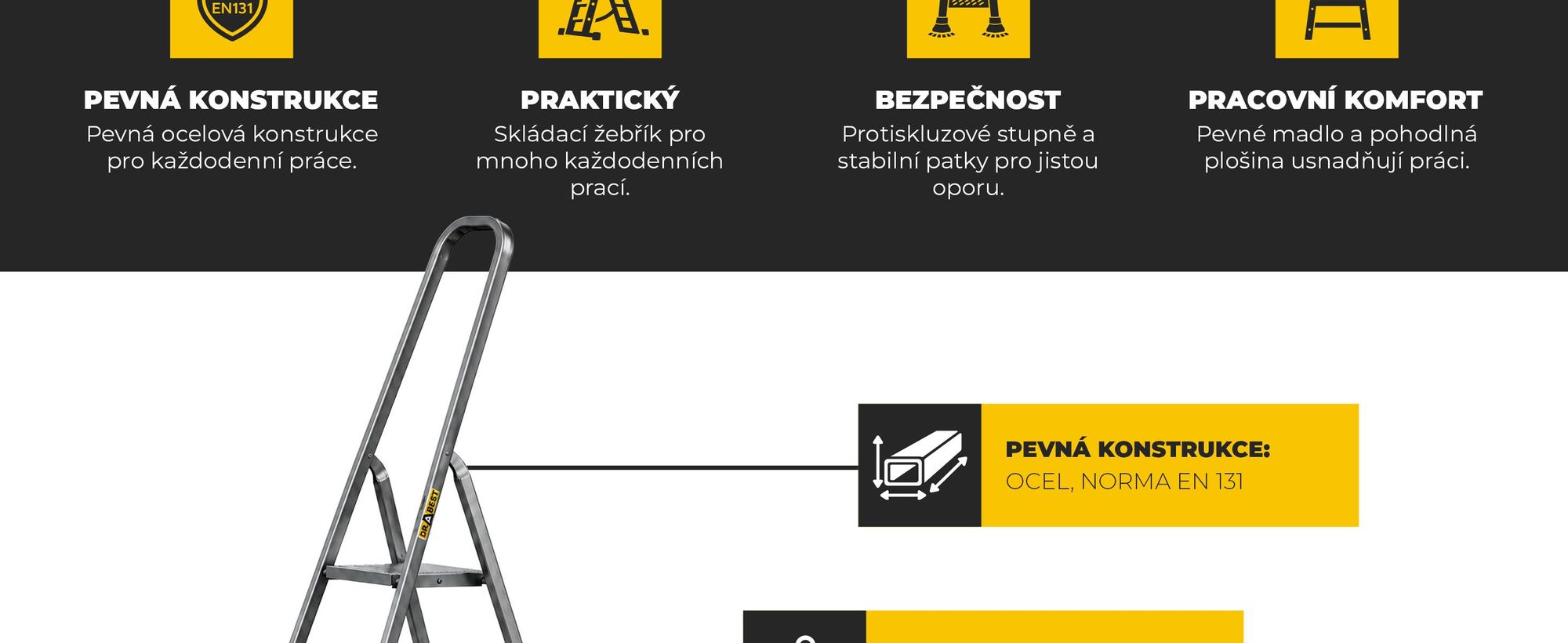 DRABEST | Ocelové žebříky – žebřík – domácí žebřík – žebřík s 5 stupni – skládací žebřík – ocel – univerzální – do 125 kg