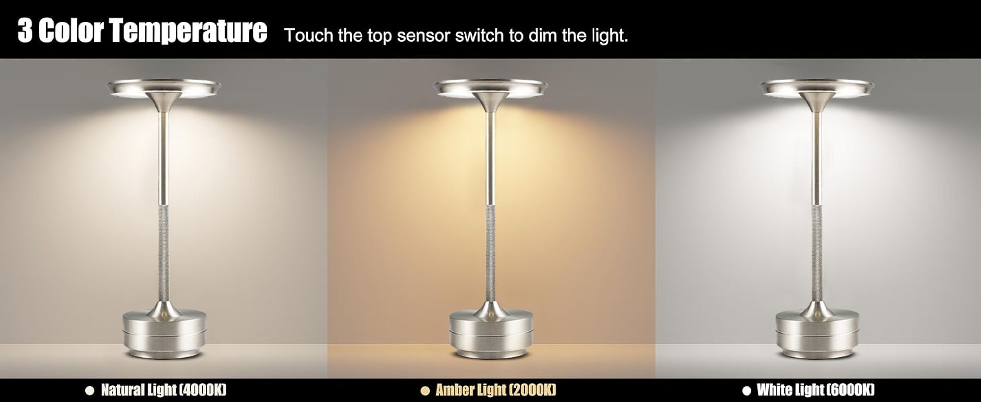 Kabellose Dimmbare LED Akku Tischleuchte Touch Tischlampe Lampe Wohnzimmer Nachttischlampen Dreifarbiges Licht Silber