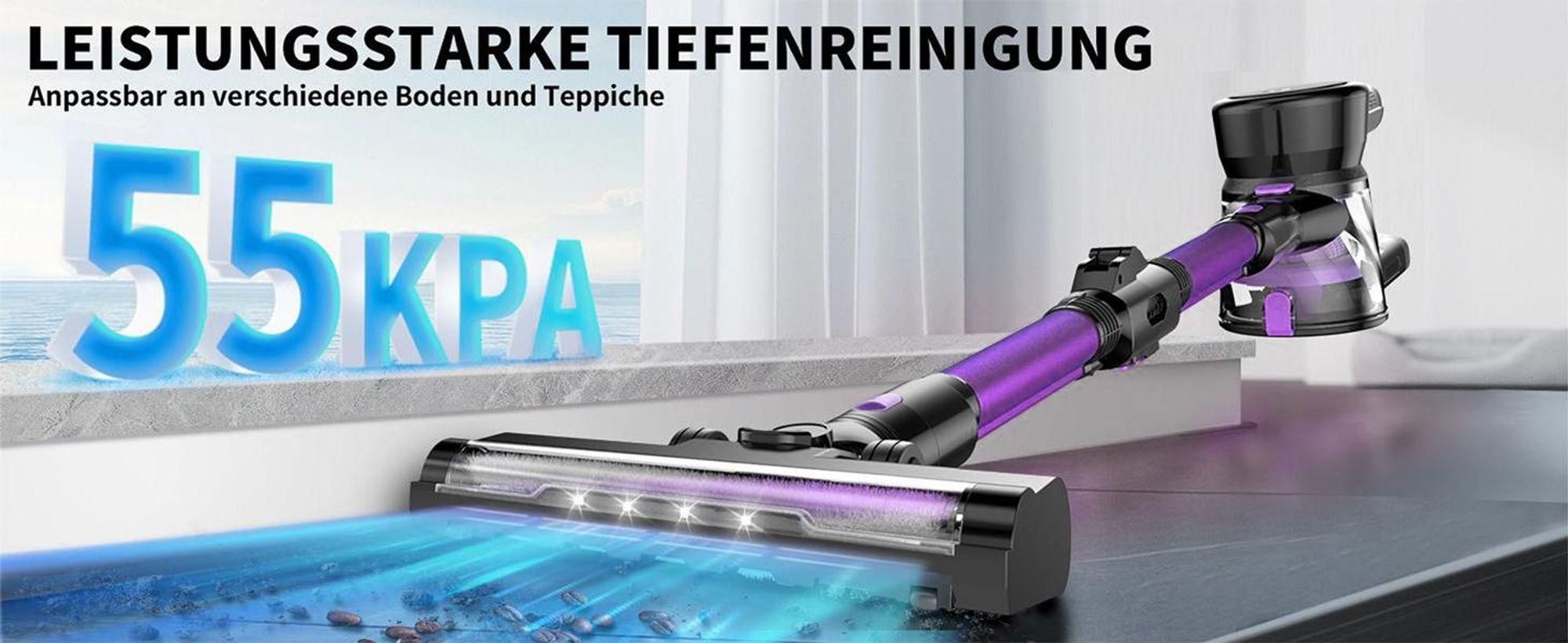 Kabelloser Staubsauger, 55kPa/550W/65Min,  Akku Staubsauger SuperLeise, Handstaubsauger mit LED Display, Stabstaubsauger für Hartböden Teppiche, HEPA