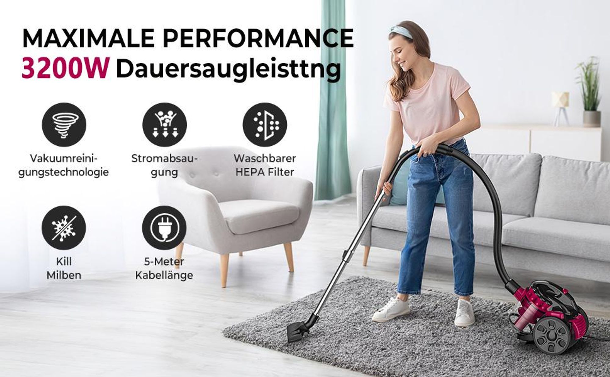 Staubsauger Beutellos Zyklon,  3200W hohe Saugleistung, 1,5L Staubbehaelter, inkl. Zusatzduesen, 99.9 % Staubaufnahme, für Hart- und Teppichboeden