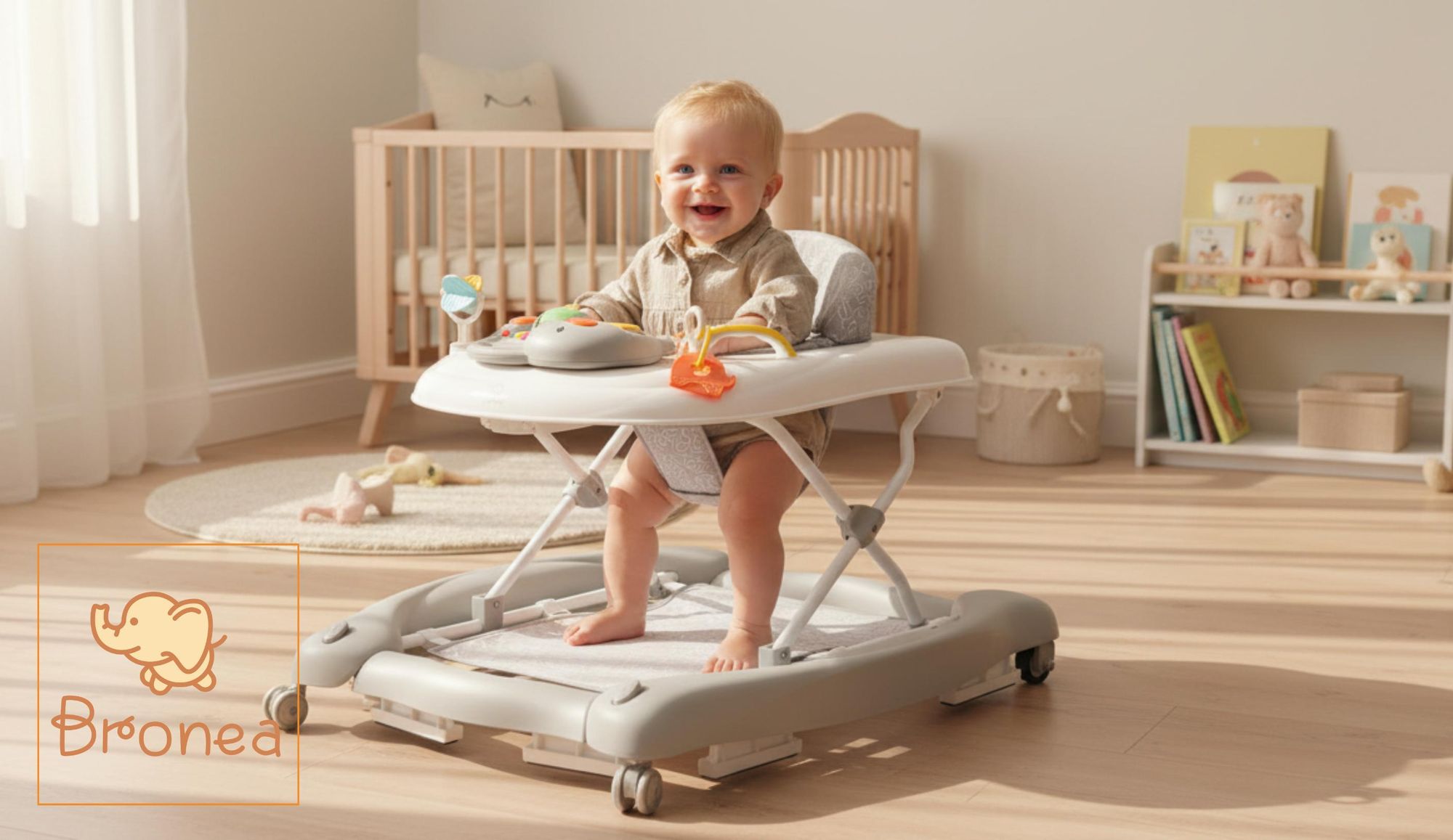 BRONEA® 5-in-1 Lauflernhilfe Babywalker | Gehfrei Schaukelfunktion, Musik & Licht | Laufhilfe für Baby ab 6 Monate | Höhenverstellbar Klappbar | Grau