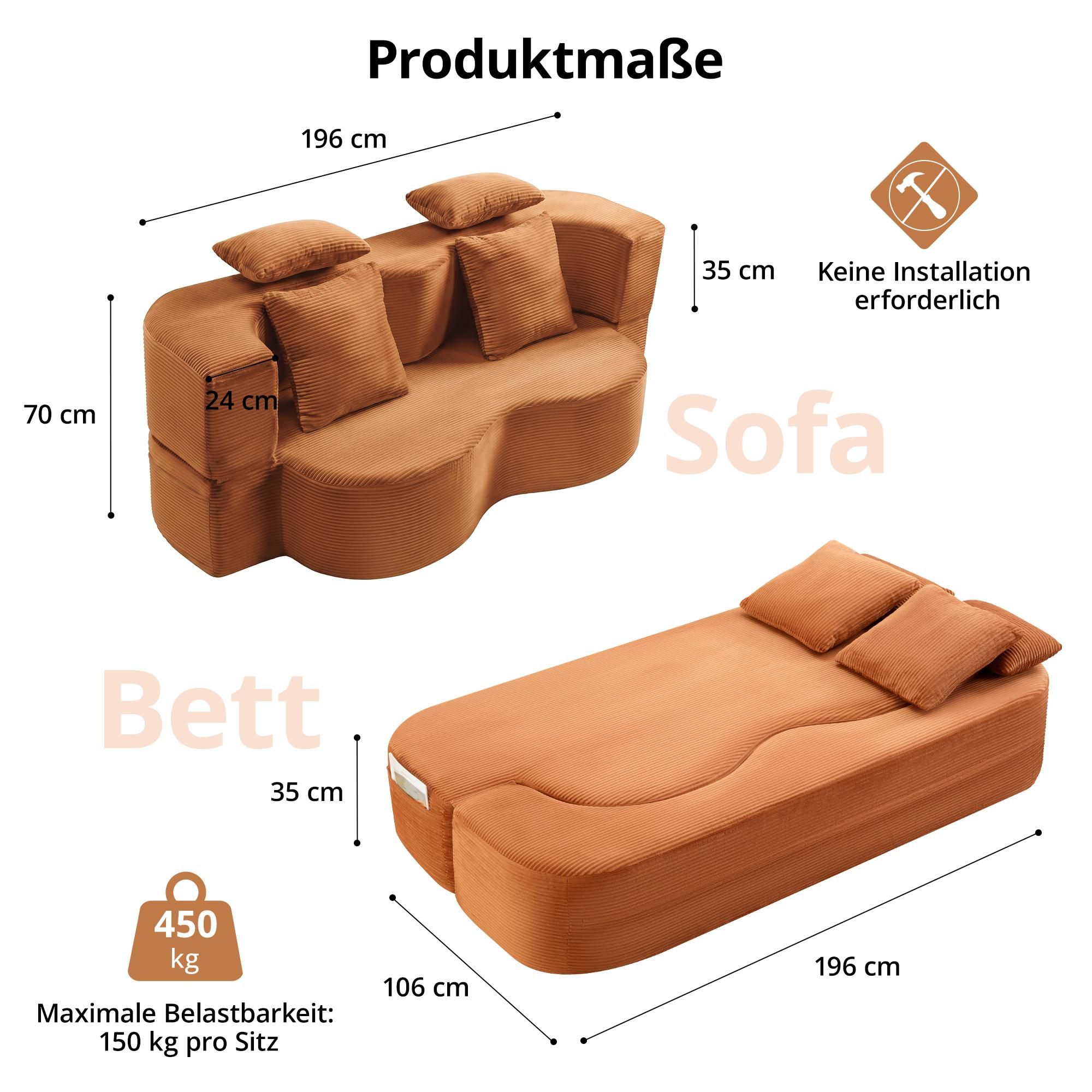 2-in-1 Cord Schlafsofa, modulares Bodensofa mit Kissen, 196 x 109 cm