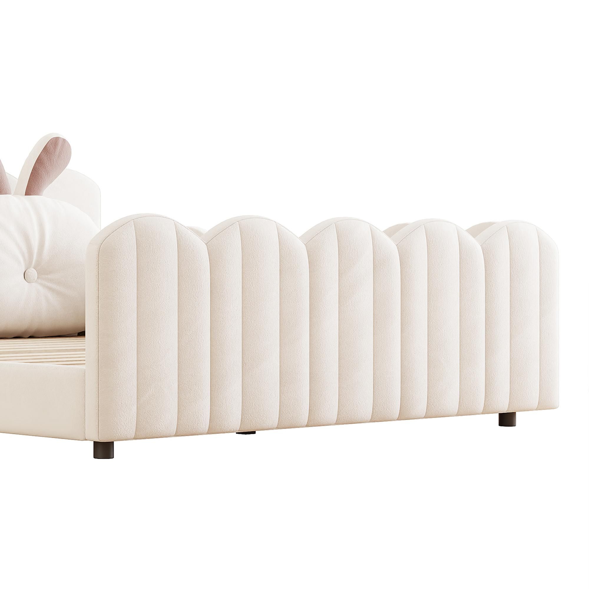 Merax Kinderbett Polsterbett 140x200 cm, Gepolstertes Plattformbett mit Kissen in Kaninchenform, Seitentaschen, Jugendbett, Doppelbett, Beige