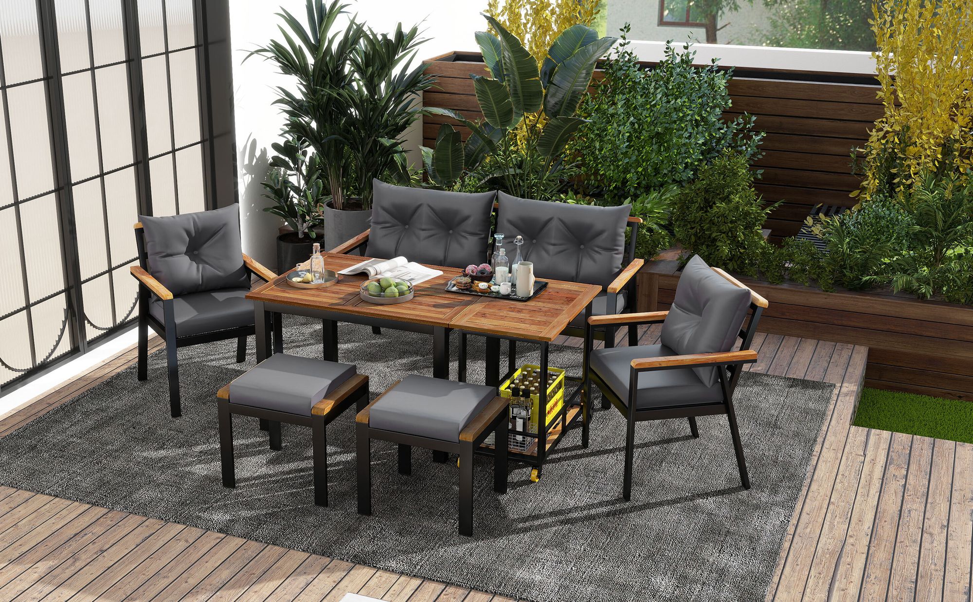 MODFU Garten Lounge Set Gartenmöbel, Garten Loungesessel Balkonmöbel-Set, Esstisch und Stuhlset aus Akazienholz,6-7-Sitzer mit Sesseln und abnehmbarem Esswagen Schwarz + Grau+Natur