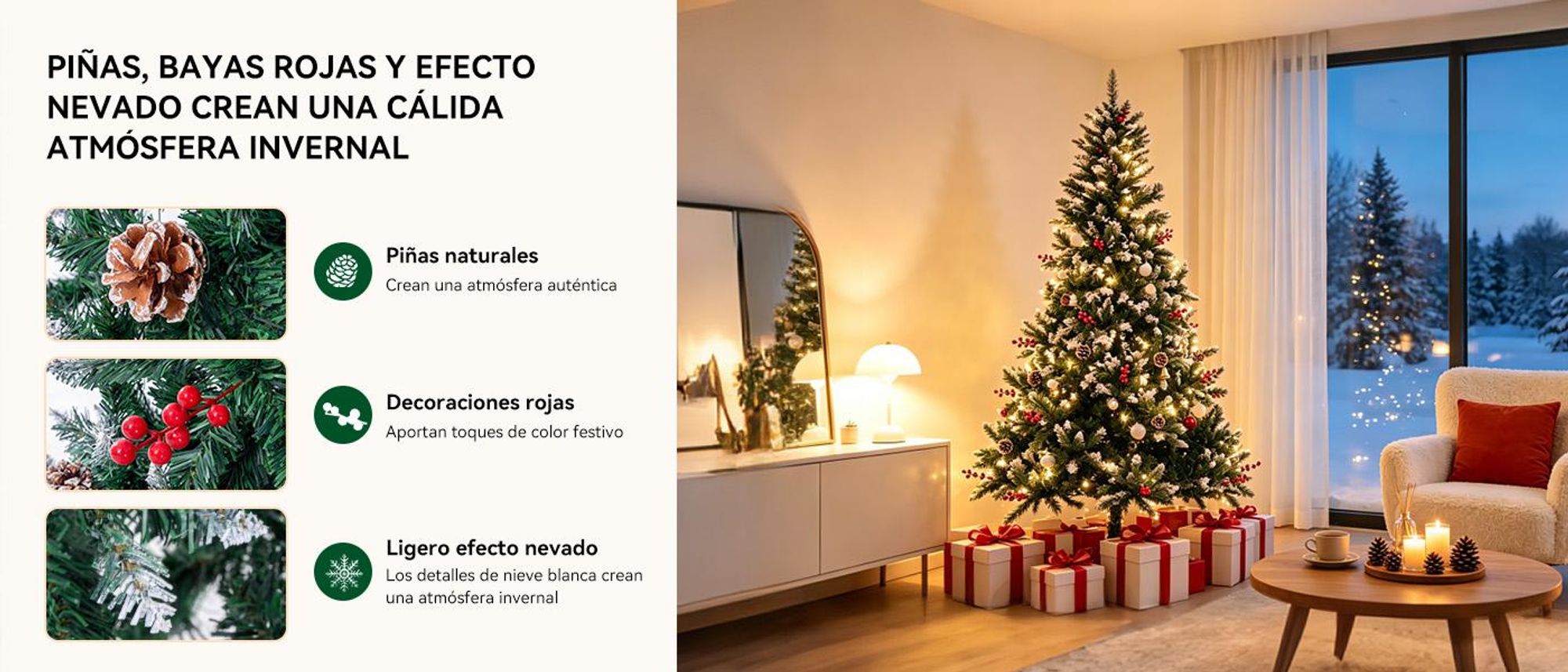 Efecto nevado, piñas y bayas rojas para un ambiente de bosque invernal