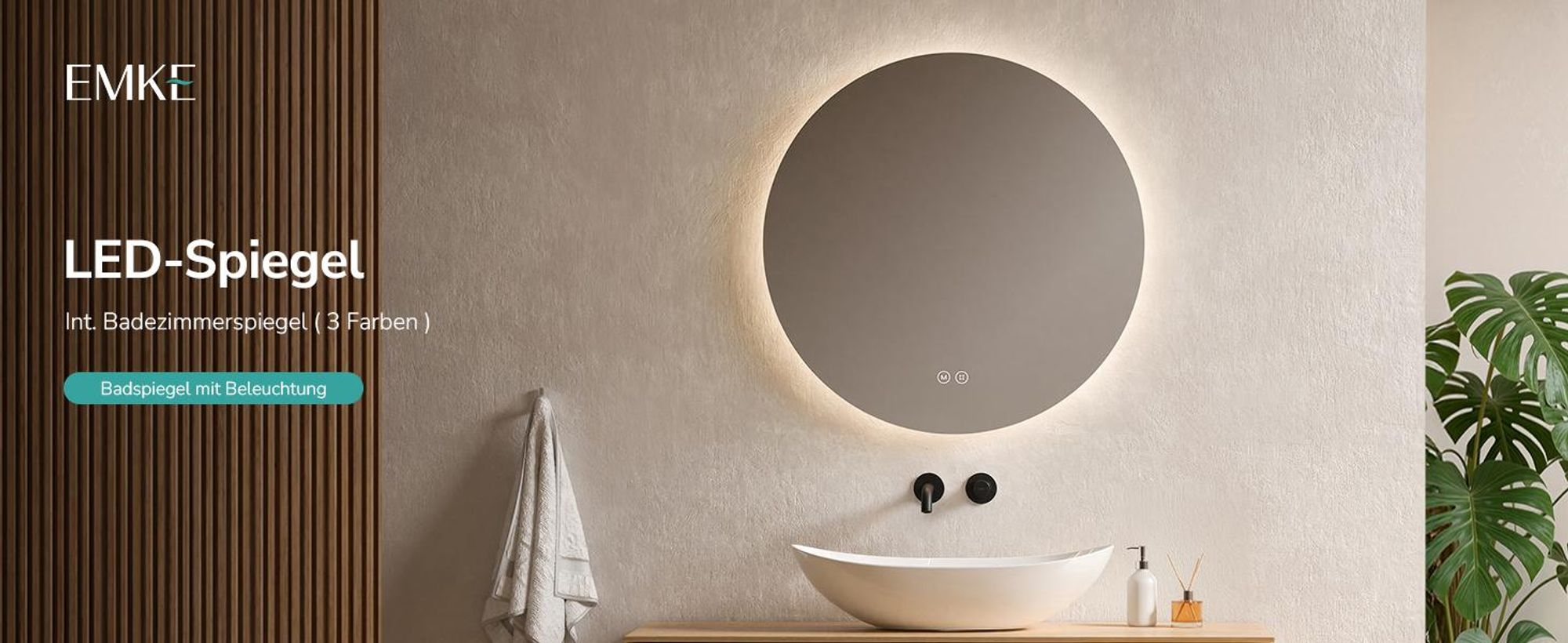EMKE LED Badspiegel 60 cm Rund Spiegel Badezimmerspiegel mit Beleuchtung 3 Lichtfarbe 3000-6500K Kaltweiß Neutral Warmweiß Dimmbar Touchschalter