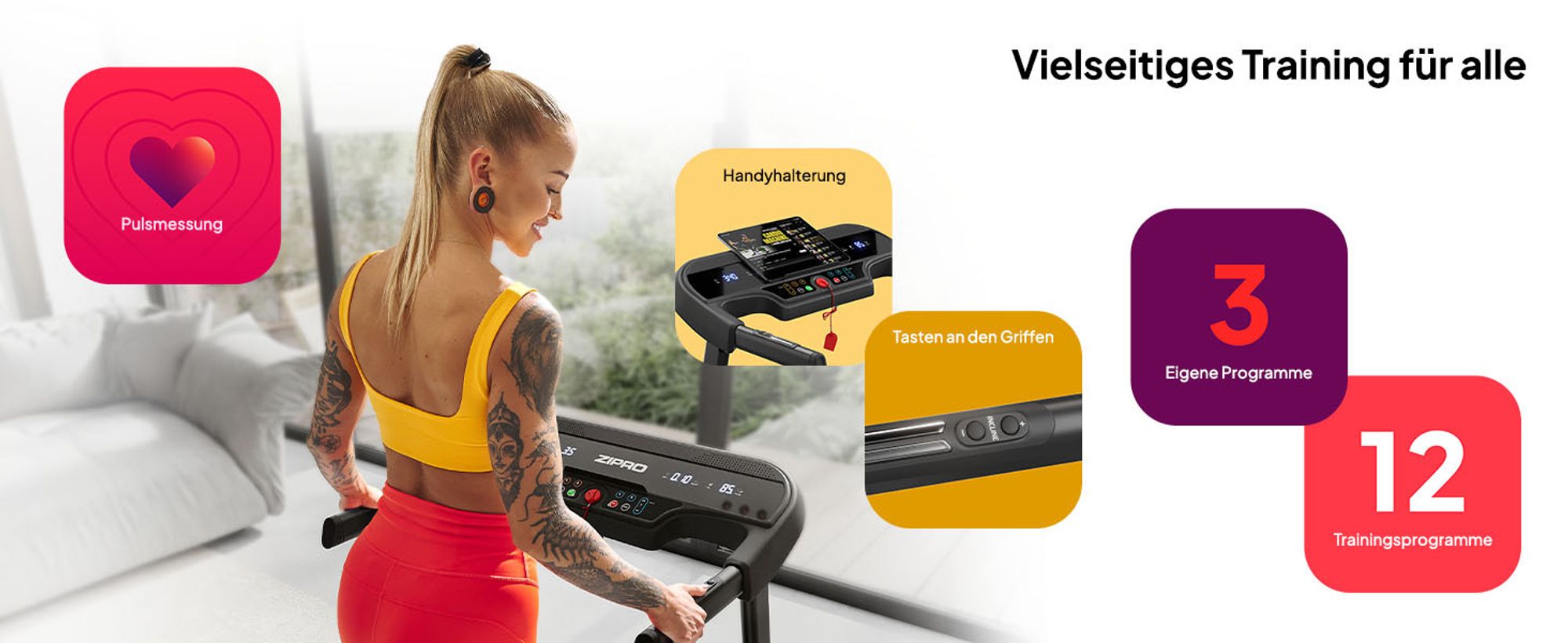Zipro Laufband Elektrisch Pulse – Mit Automatischer Steigung Belastbar Klappbarer Heimtrainer mit 8-fach Dämpfung Pulsmessung & LED Display Bis 130kg