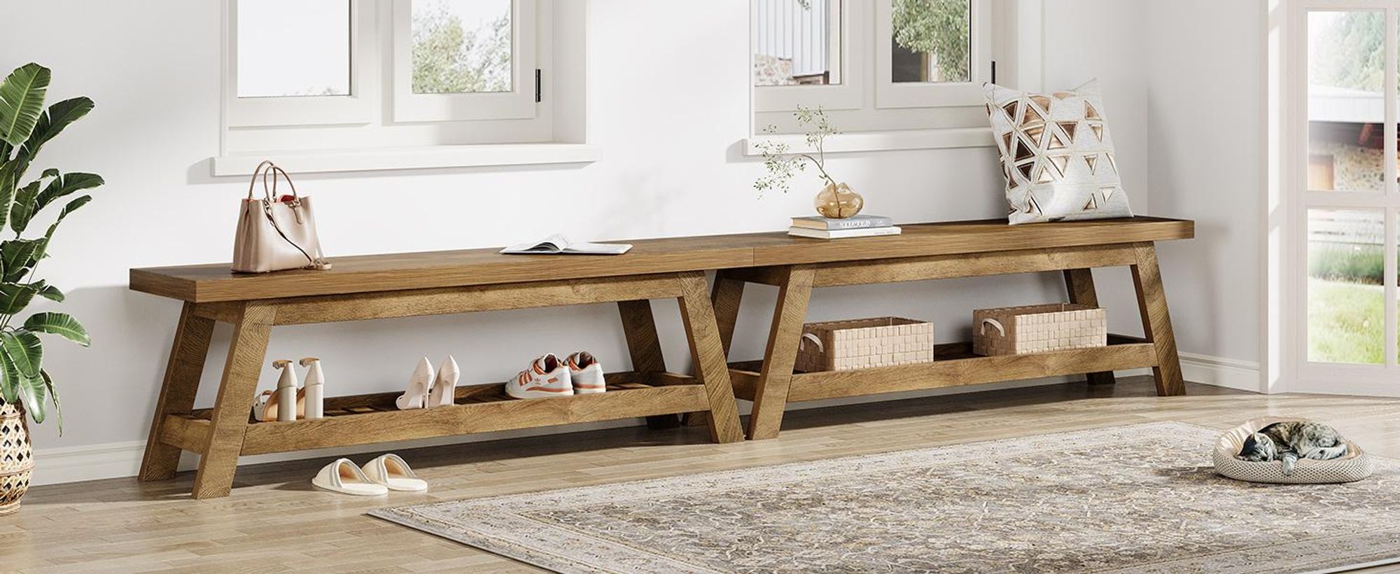 Tribesigns Eingangsbank, aus Holz mit Schuhablage, 2-stufige Sitzbank für den Flur und das Foyer mit offenen RegalenEingangsbereich, 140 x 35 x 45 cm
