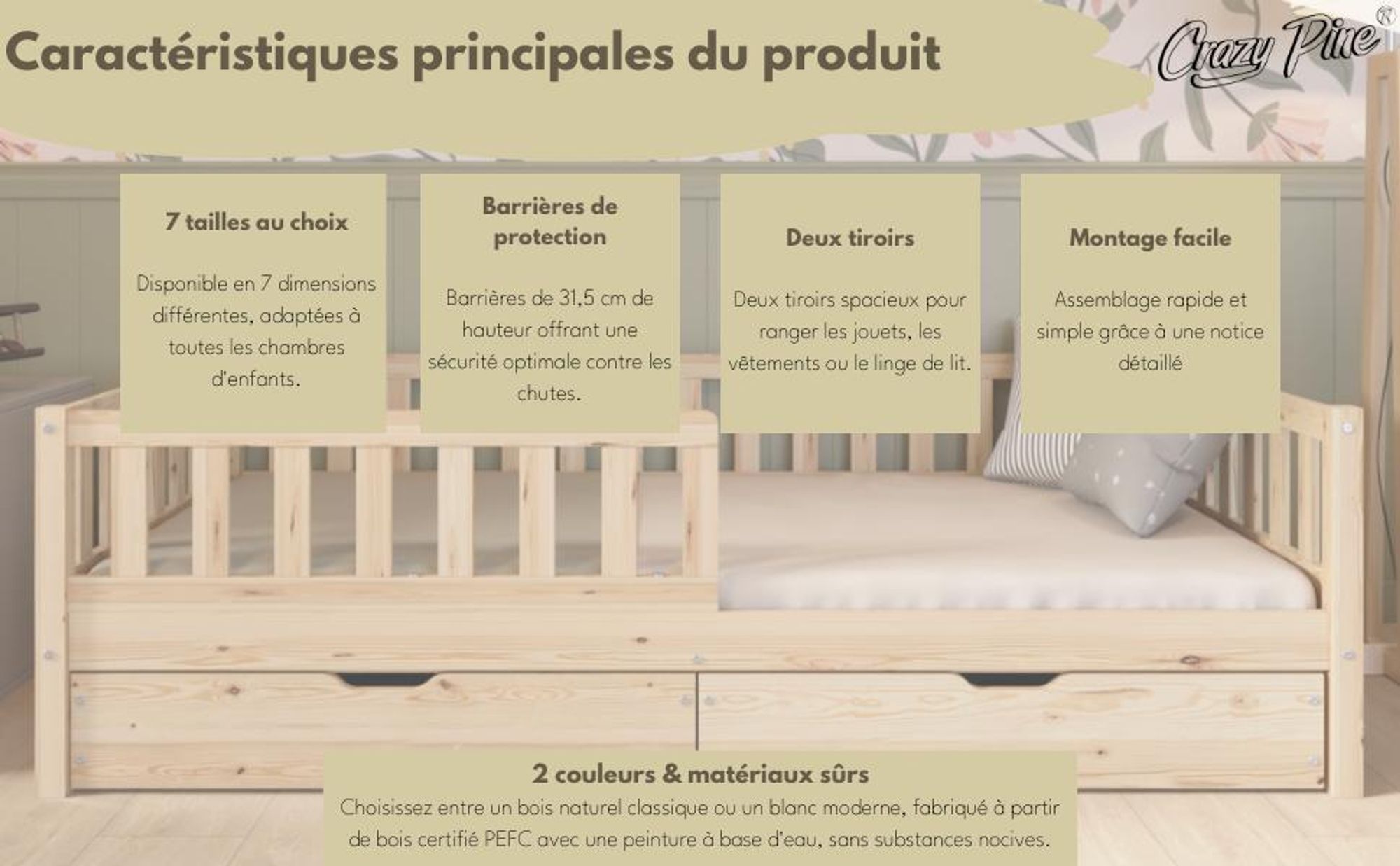 Crazy Pine Lit d'enfant avec tiroir 160x80cm - Lit de sol Montessori massif en bois avec protection contre les chutes - Crazy Basic