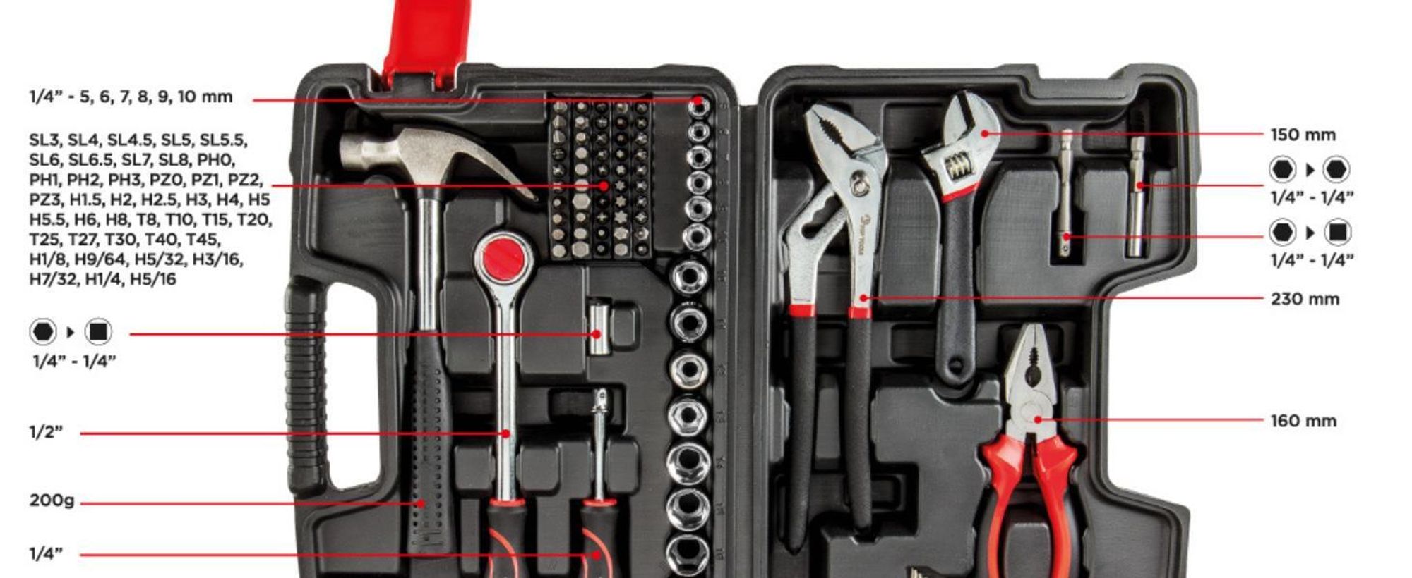 Top Tools Werkzeugset 81 tlg. mit Zangen, Schraubenschlüssel, Hammer und Bits