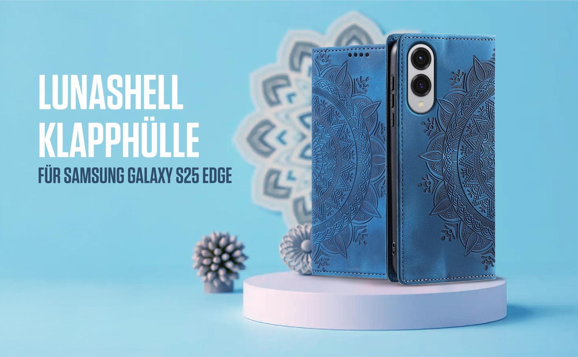 Blaue Klapphülle für Samsung Galaxy S25 Edge mit feiner Mandala Prägung