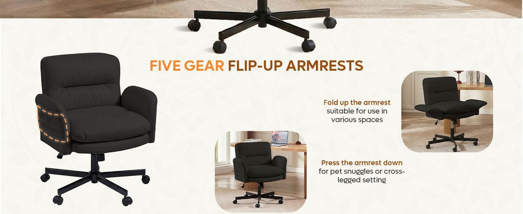 Bestier Schreibtischstuhl,gepolsterter Sitz, höhenverstellbar,verstellbare Armlehnen,Drehstuhl mit Rollen,für Homeoffice,Kommode, Schminktisch,Schwarz