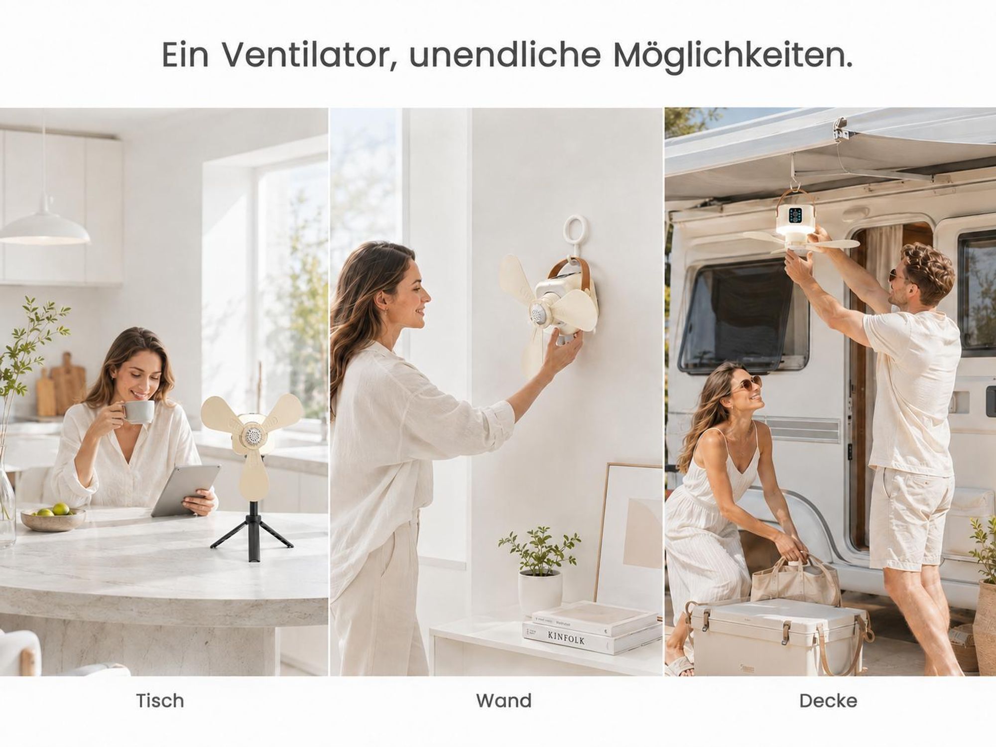 Ø24cm Camping Ventilator mit Licht, Akku 7200mAh, Touch-Stop Sicherheit, USB-C, Fernbedienung & Timer, 3-in-1 Hängeventilator für Zelt Wohnmobil
