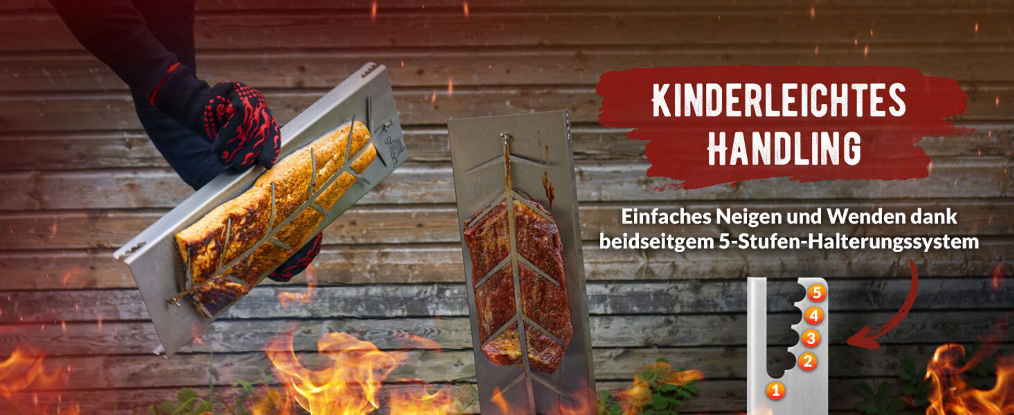 Premium Flammlachsbrett aus hochwertigem Edelstahl – 5-stufig verstellbar und um 180° drehbar